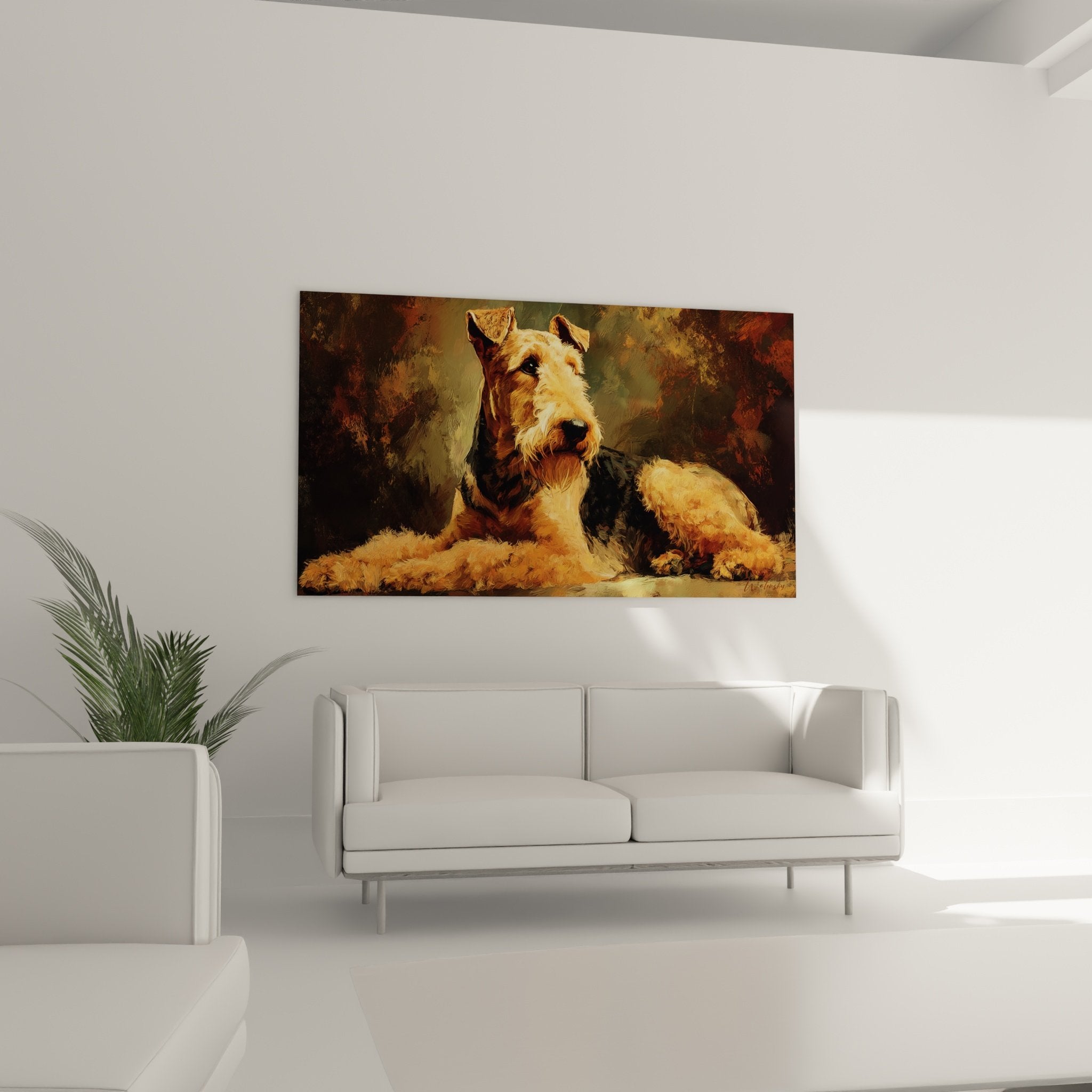 Détail du pelage fauve et noir de l'Airedale Terrier avec reflets dorés et texture bouclée réaliste