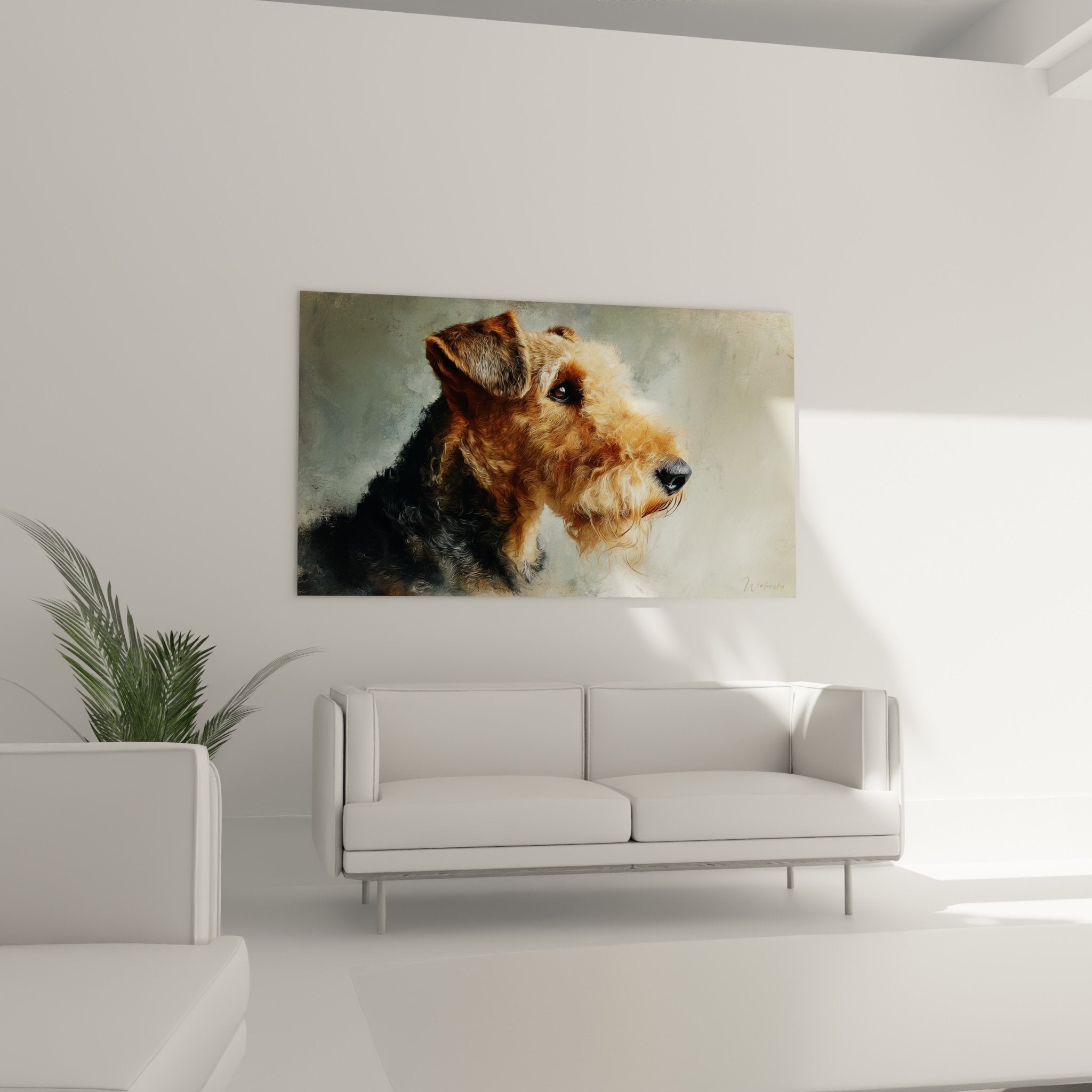Détail portrait Airedale Terrier pelage bouclé texturé nuances cuivrées