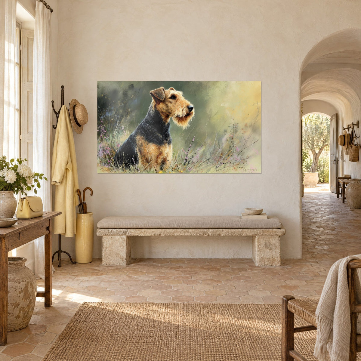 Wall art portrait of a bearded dog with black and fiery coat, pink heather in the background, on a white wall of a Provençal farmhouse, three-quarter view