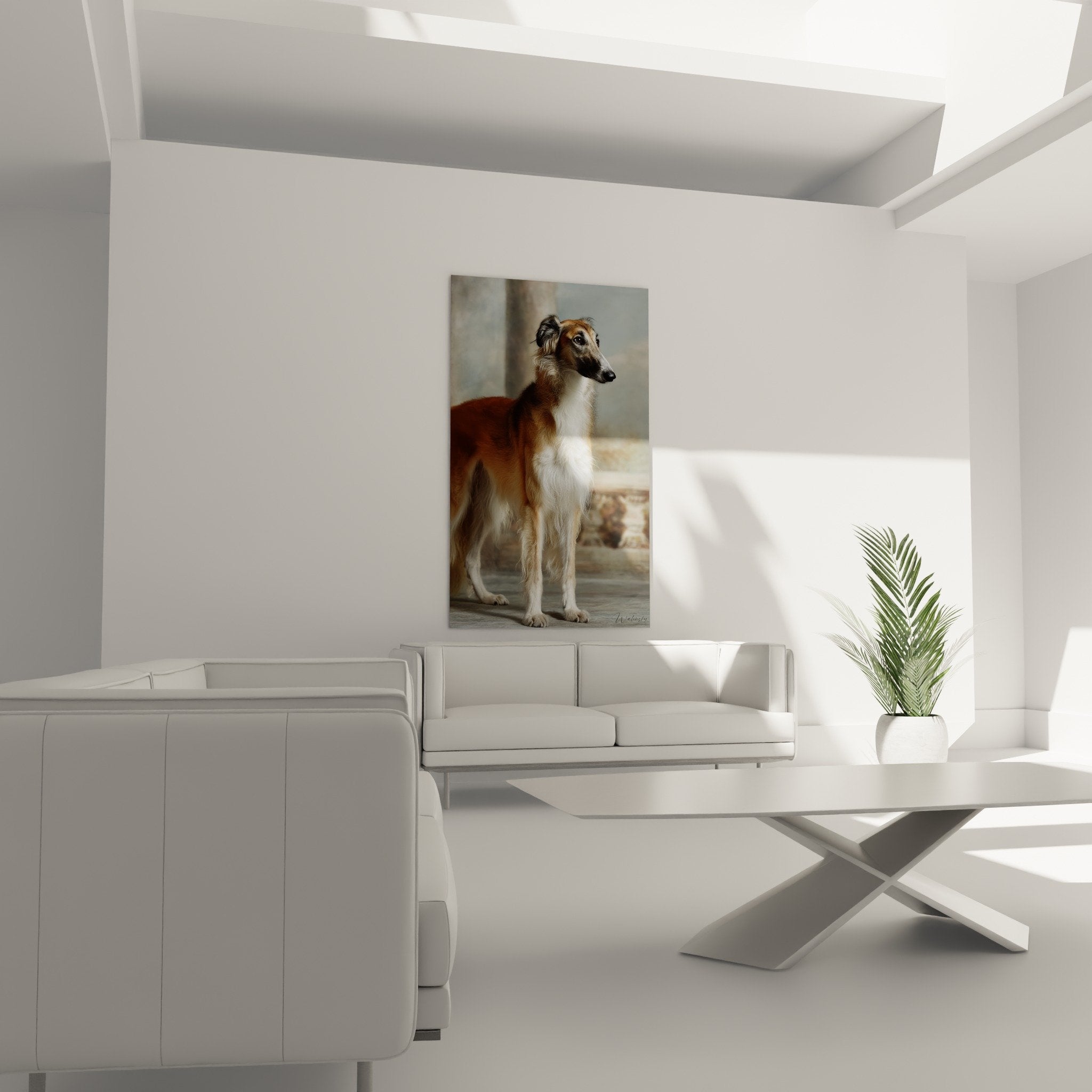 Détail rapproché pelage soyeux Barzoi fauve, texture et nuances dorées