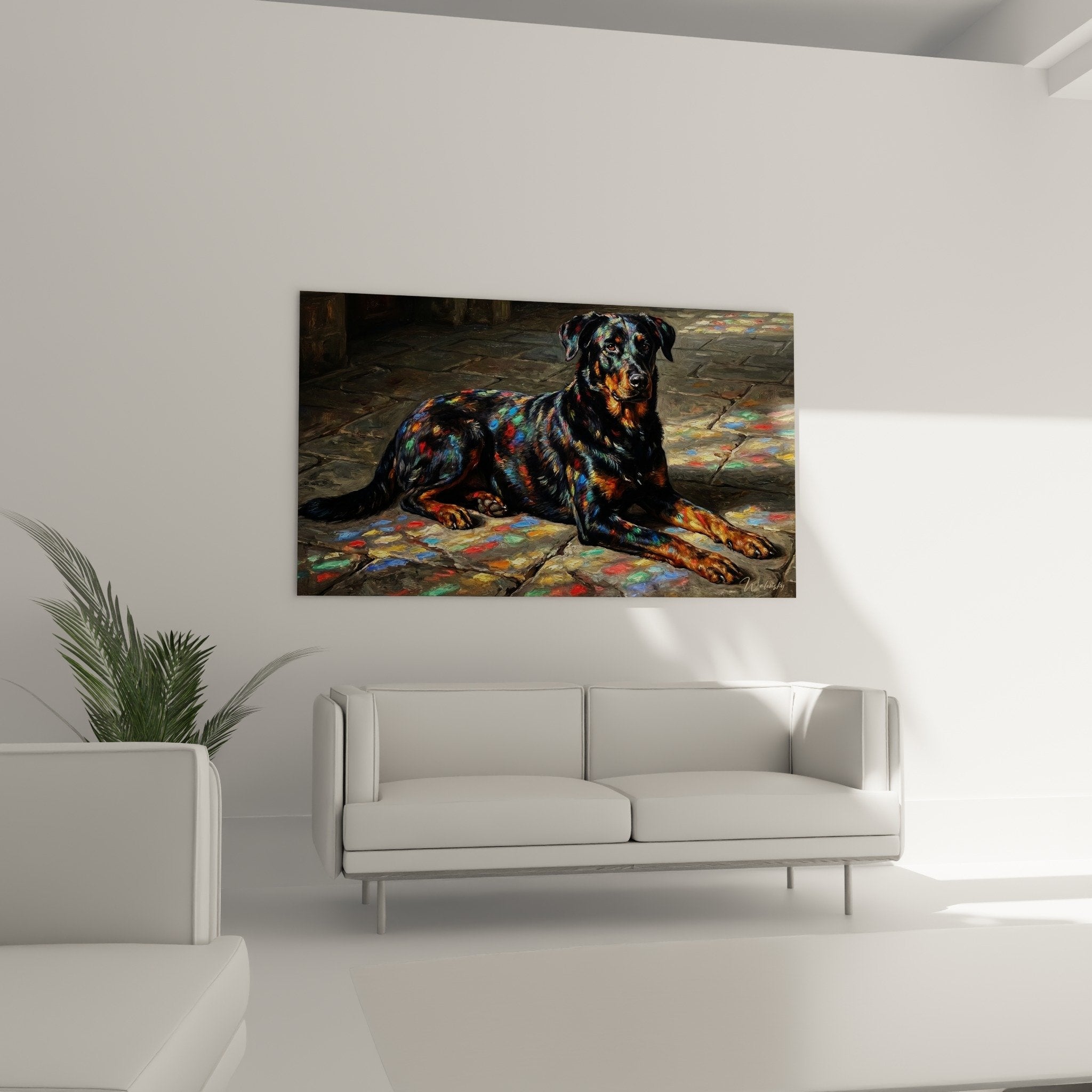 Detailaufnahme des mehrfarbigen Fells eines Beaucerons mit künstlerischen Lichteffekten