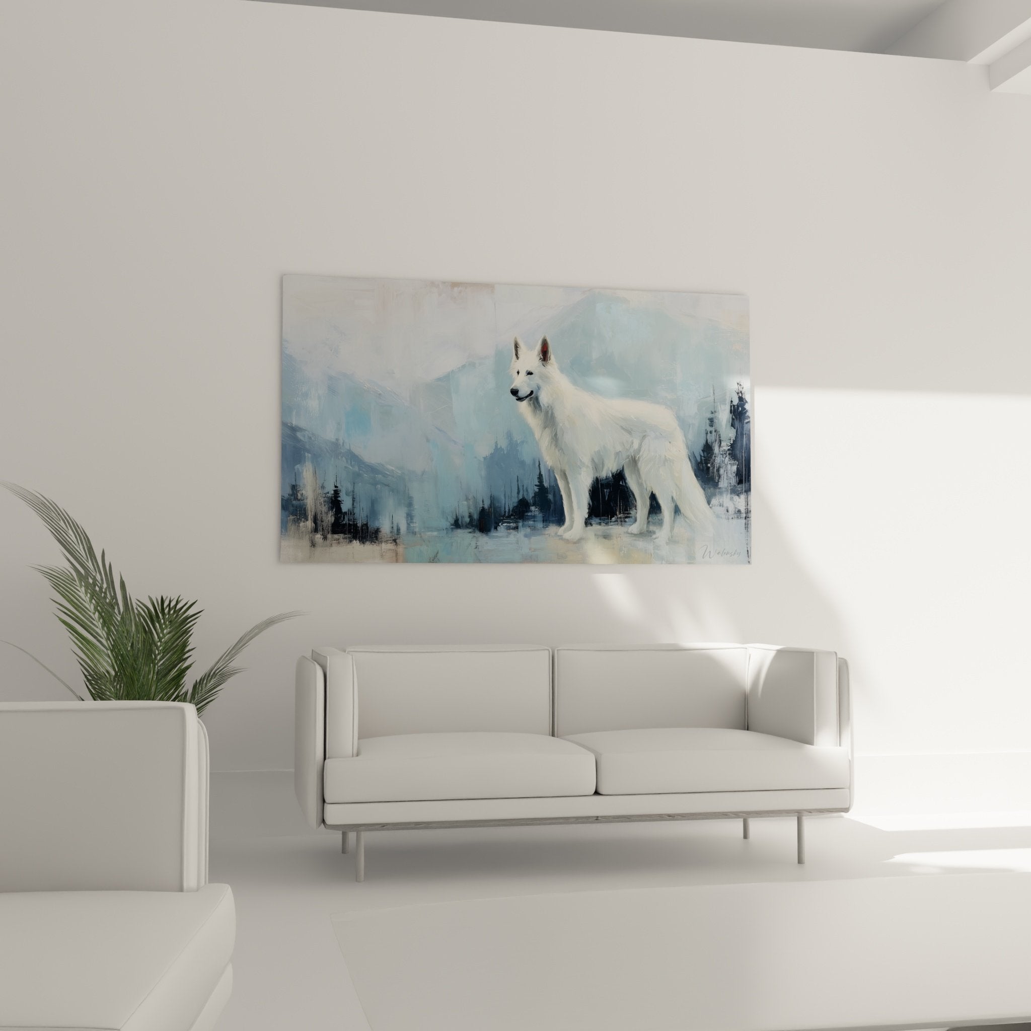 Détail rapproché pelage blanc nacré Berger Suisse contrastant avec montagnes bleu glacier brumeux
