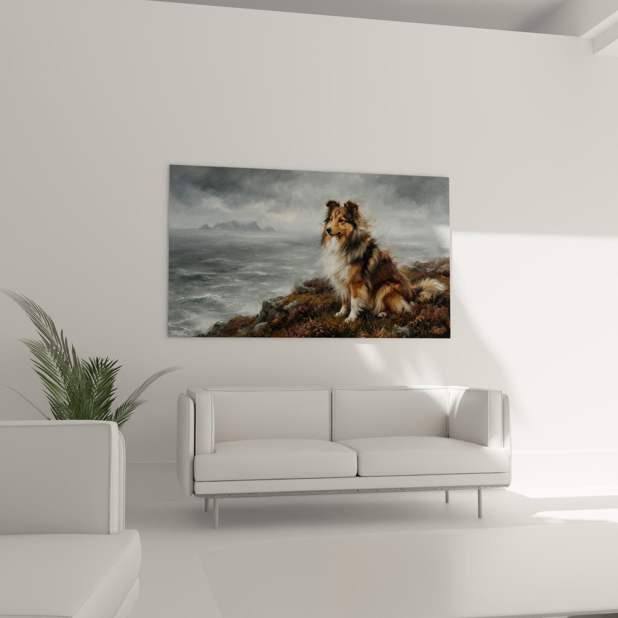 Detail des dreifarbigen Fells Shetland Sheepdog, realistische Maltechnik, Farbabstufungen in Falb-, Schwarz- und Weißtönen