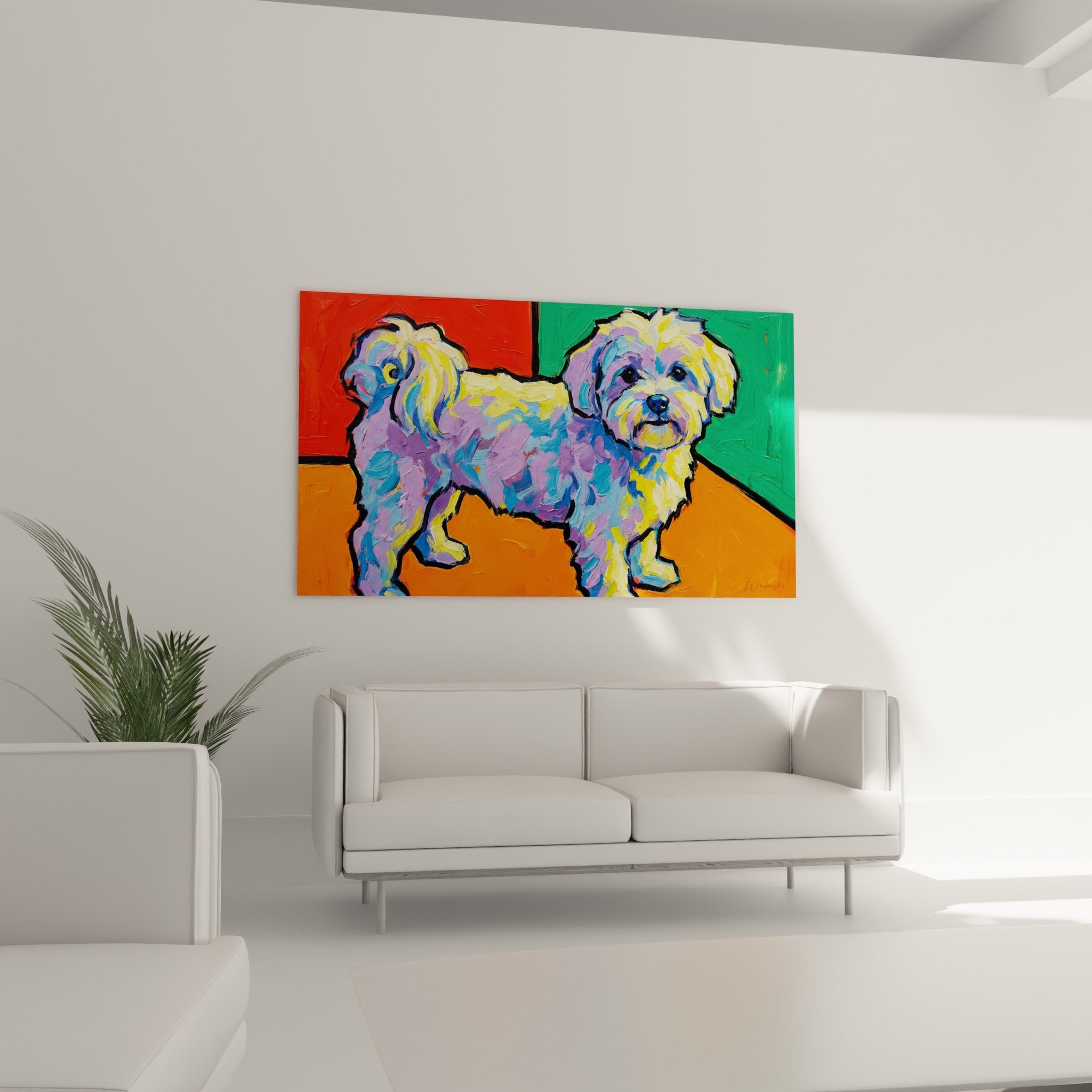 Dettaglio del mantello viola e giallo del Bichon Maltese, tecnica dell'impasto visibile