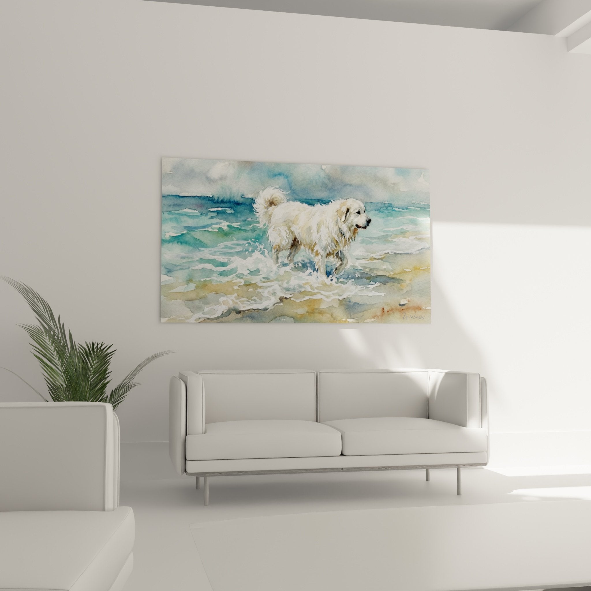 Aquarelldetail weißes Fell Pyrenäenhund türkisfarbene Wasserspritzer fließende Technik
