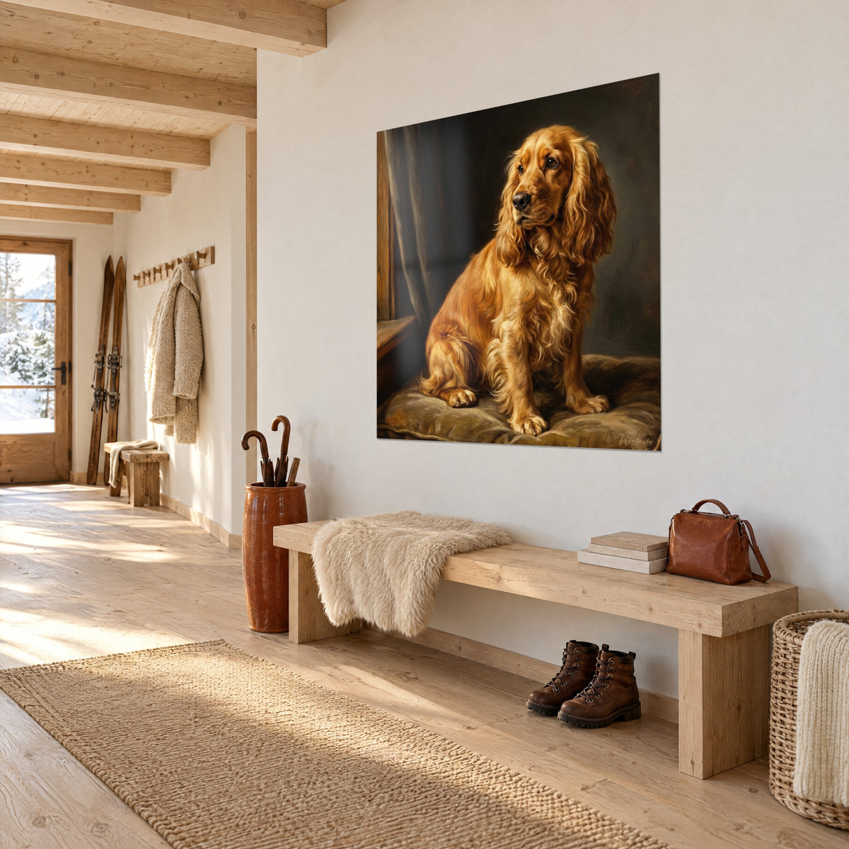Wall art of a spaniel sitting on an olive green cushion, orange and cream coat, against a white entrance wall with light wood