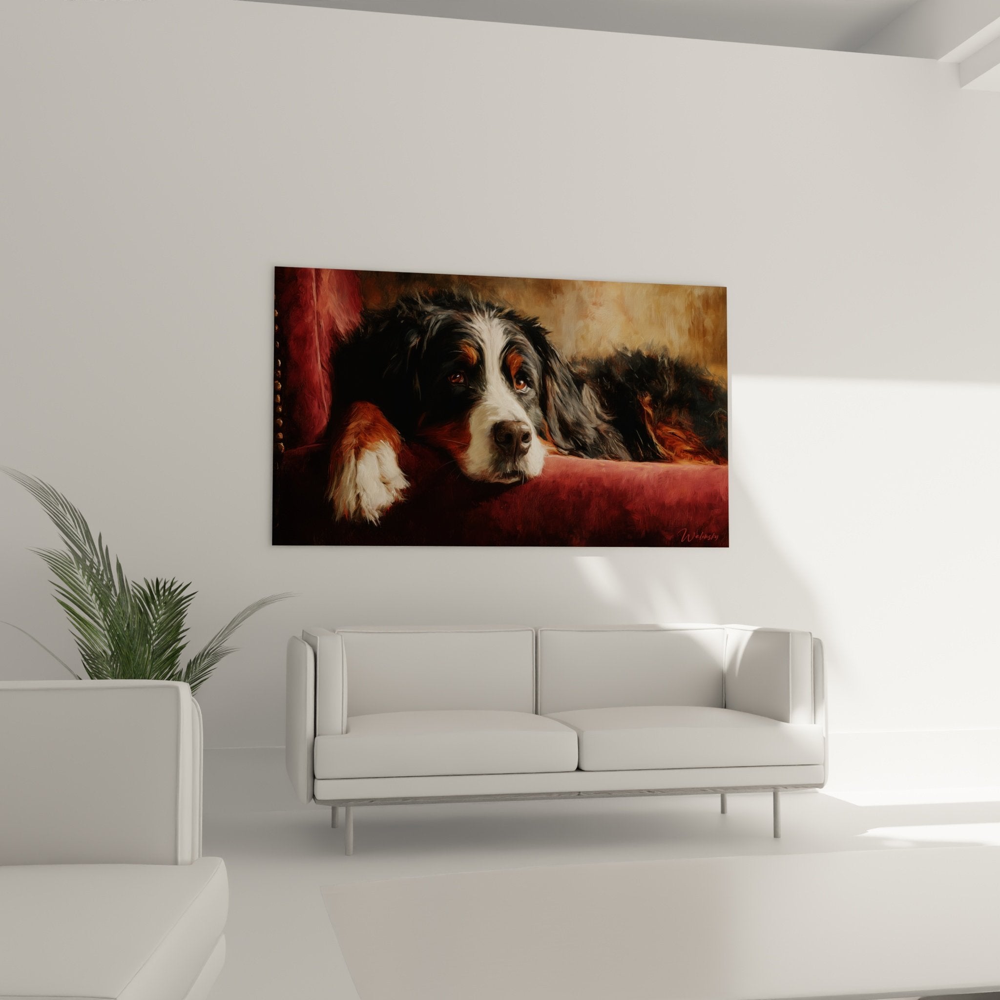 Close-up of expressive eyes Bernese Mountain Dog, black white fawn coat realistic texture animal painting