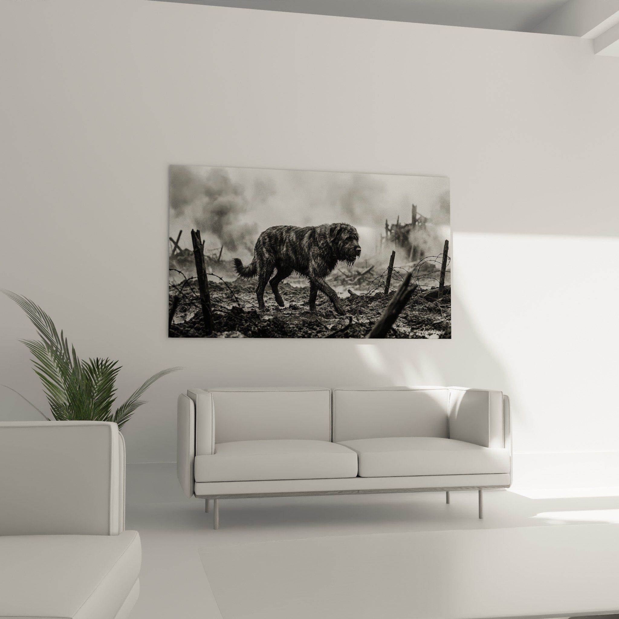 Détail pelage hirsute Bouvier des Flandres sur tableau noir et blanc ambiance guerre tranchées