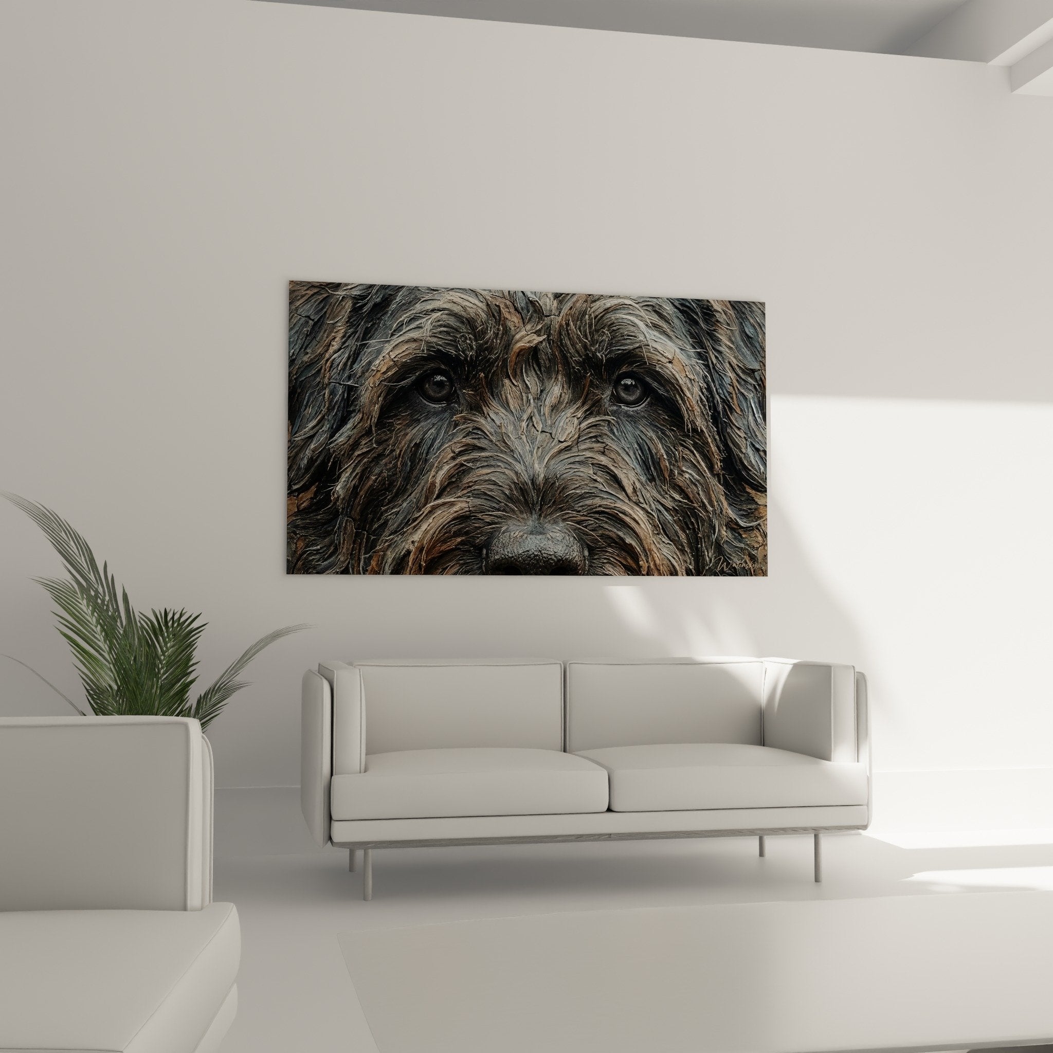 Gros plan sur les détails du pelage brun et gris et l'expression du regard du Bouvier des Flandres