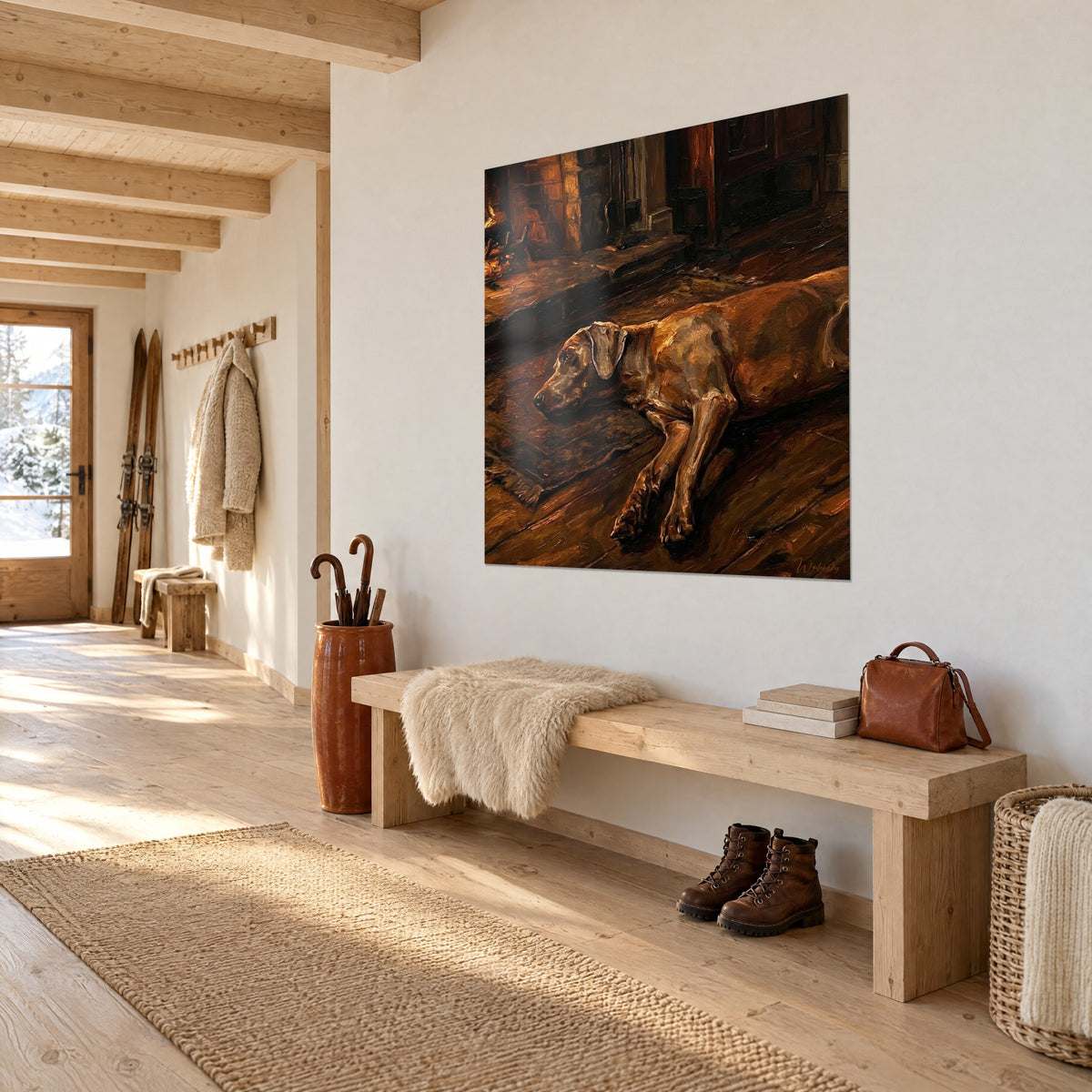 Tableau chien couché sur un plancher brun, museau posé et oreille pendante, lueurs ambrées, dans l'entrée d'un chalet