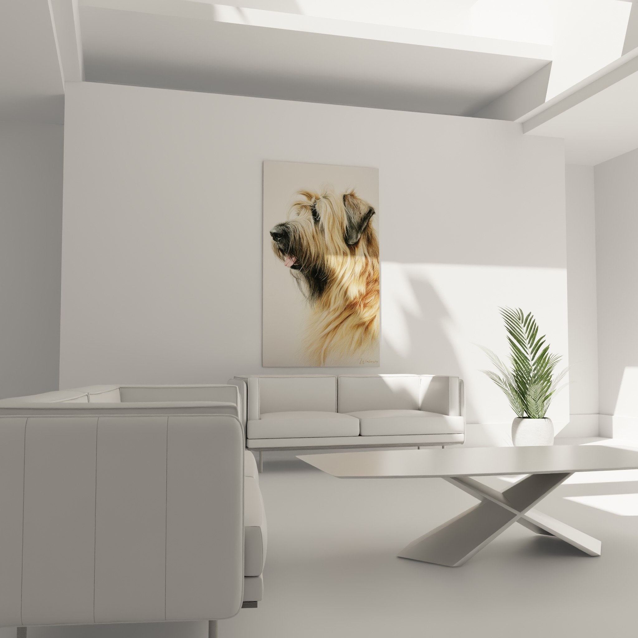 Détail du pelage soyeux fauve et doré du Briard, texture réaliste et mèches ondulées