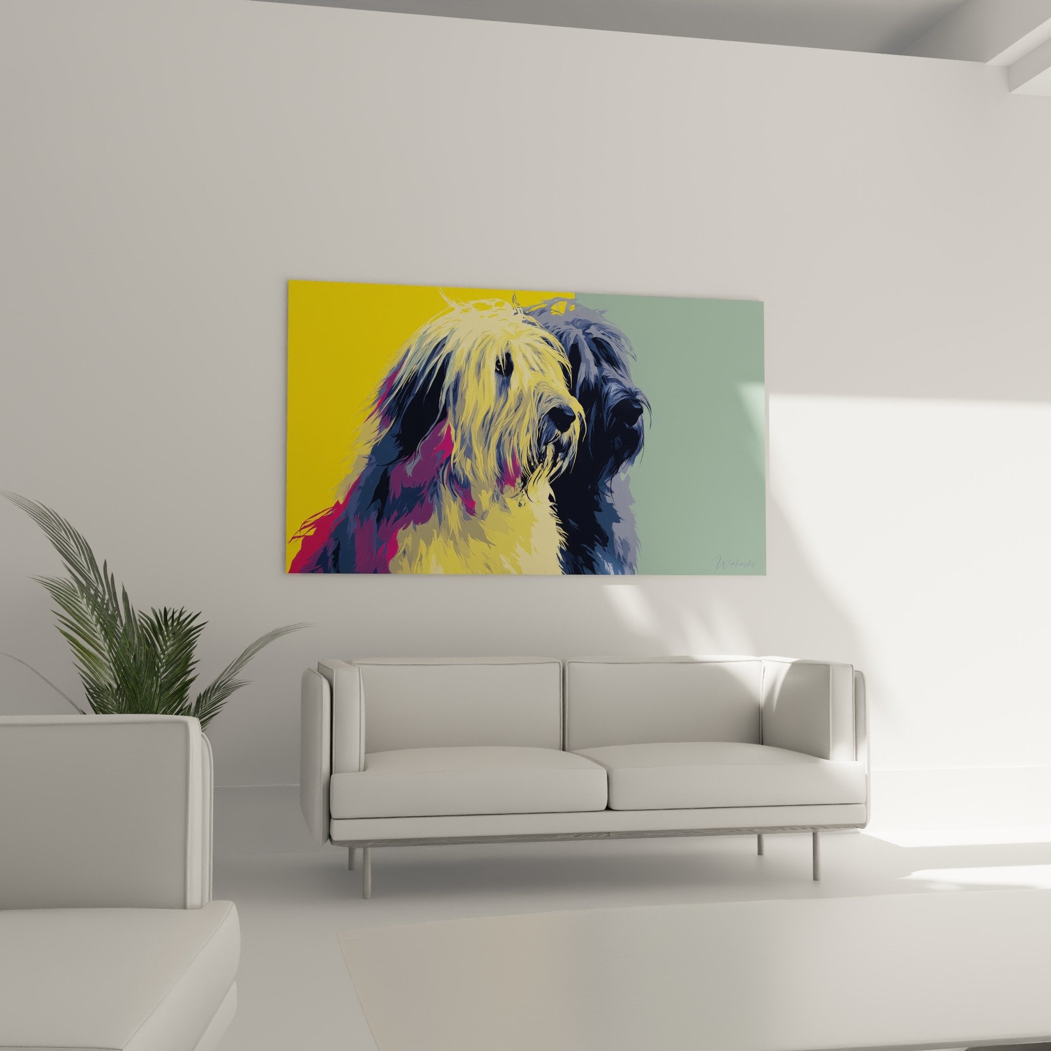 Détail rapproché du pelage doré et violet du Briard dans le tableau artistique