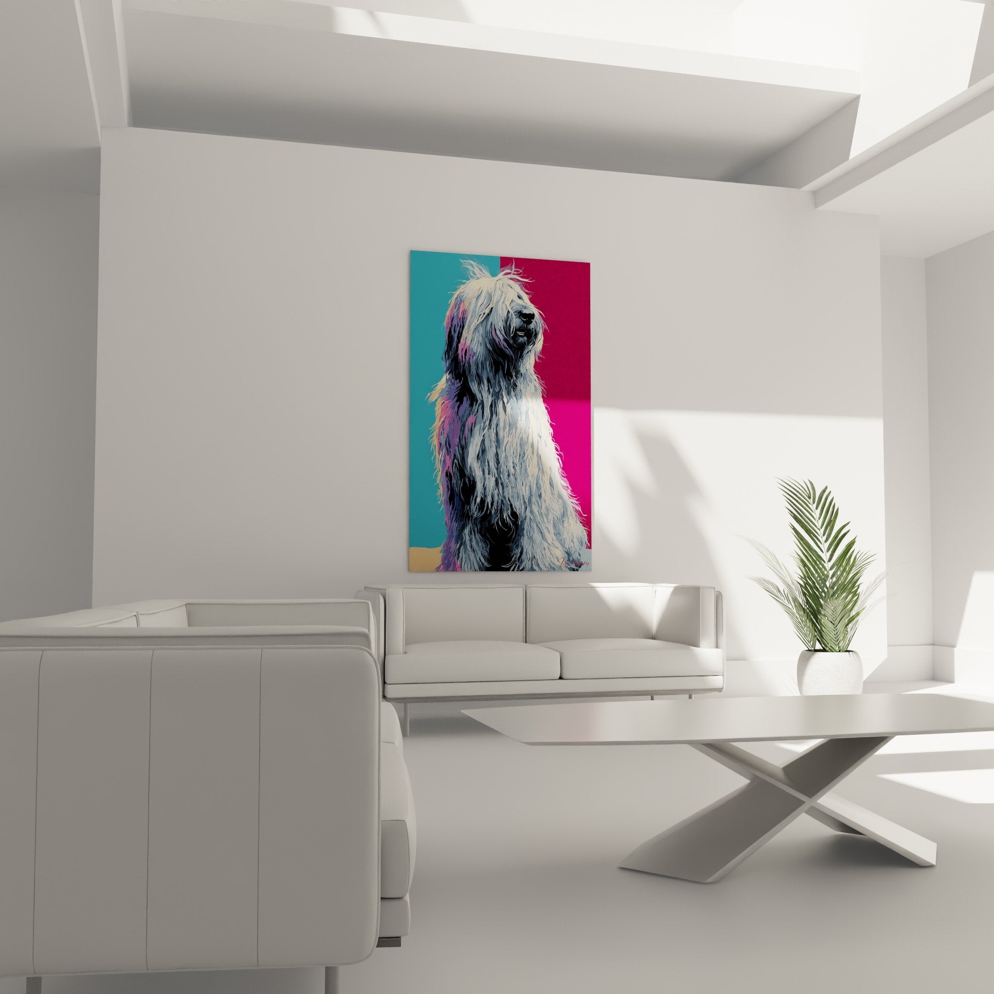 Detailansicht Textur Briard-Fell grauweiss mit violetten Reflexen und moderner künstlerischer Technik