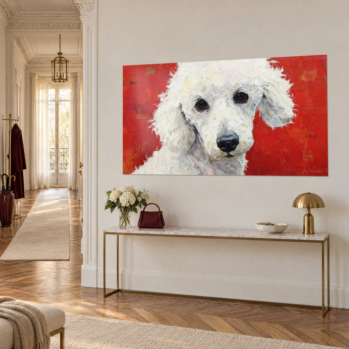 Wall art ivory curly dog with brown eyes and black nose on carmine red, cream wall, gilded console, Haussmann-style apartment