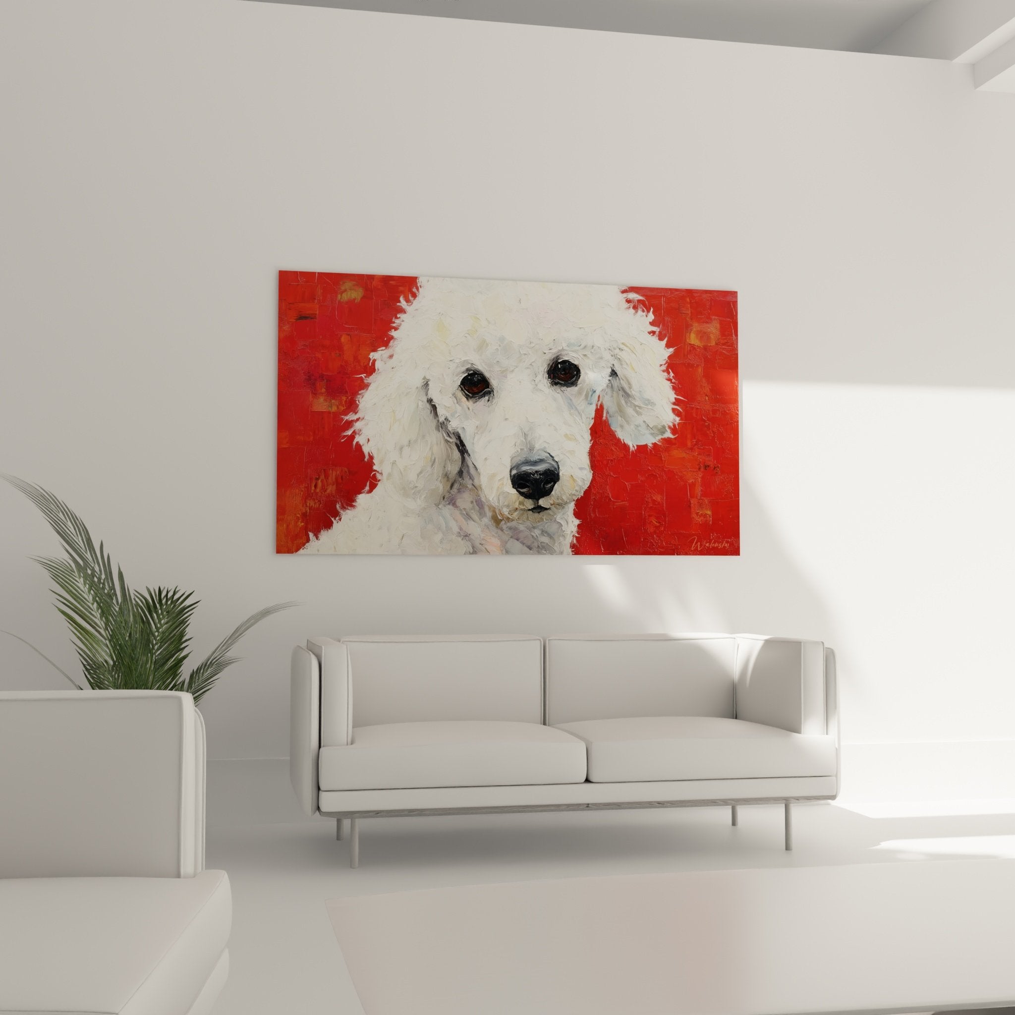 Detail pelage blanc boucle caniche peinture texture empâtement artistique regard expressif