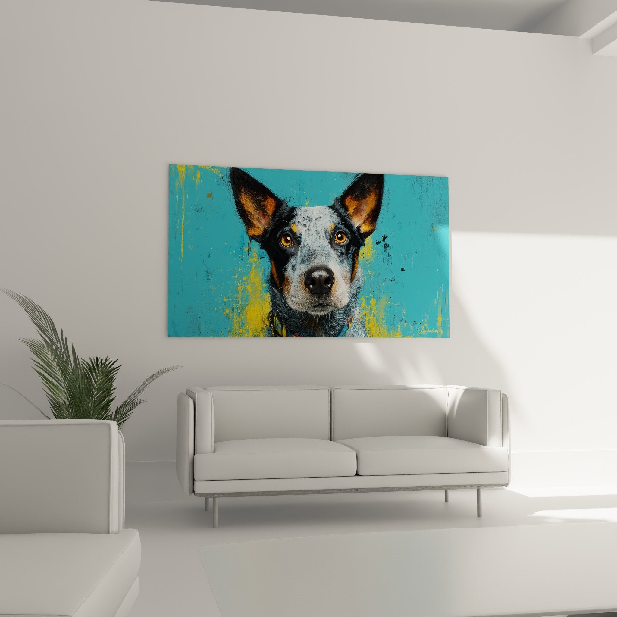 Détail portrait Australian Cattle Dog pelage moucheté gris technique peinture abstraite moderne