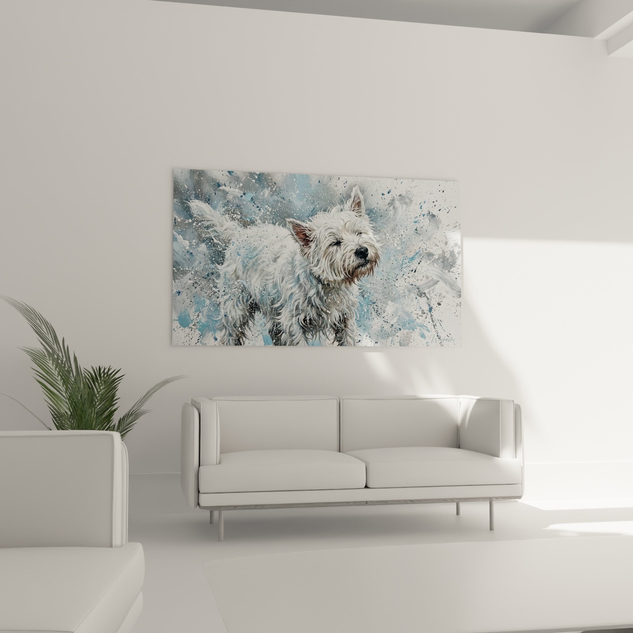 Detailaufnahme des weißen Fells eines West Highland Terriers mit kontrastierenden blauen Spritzern und realistischer Textur