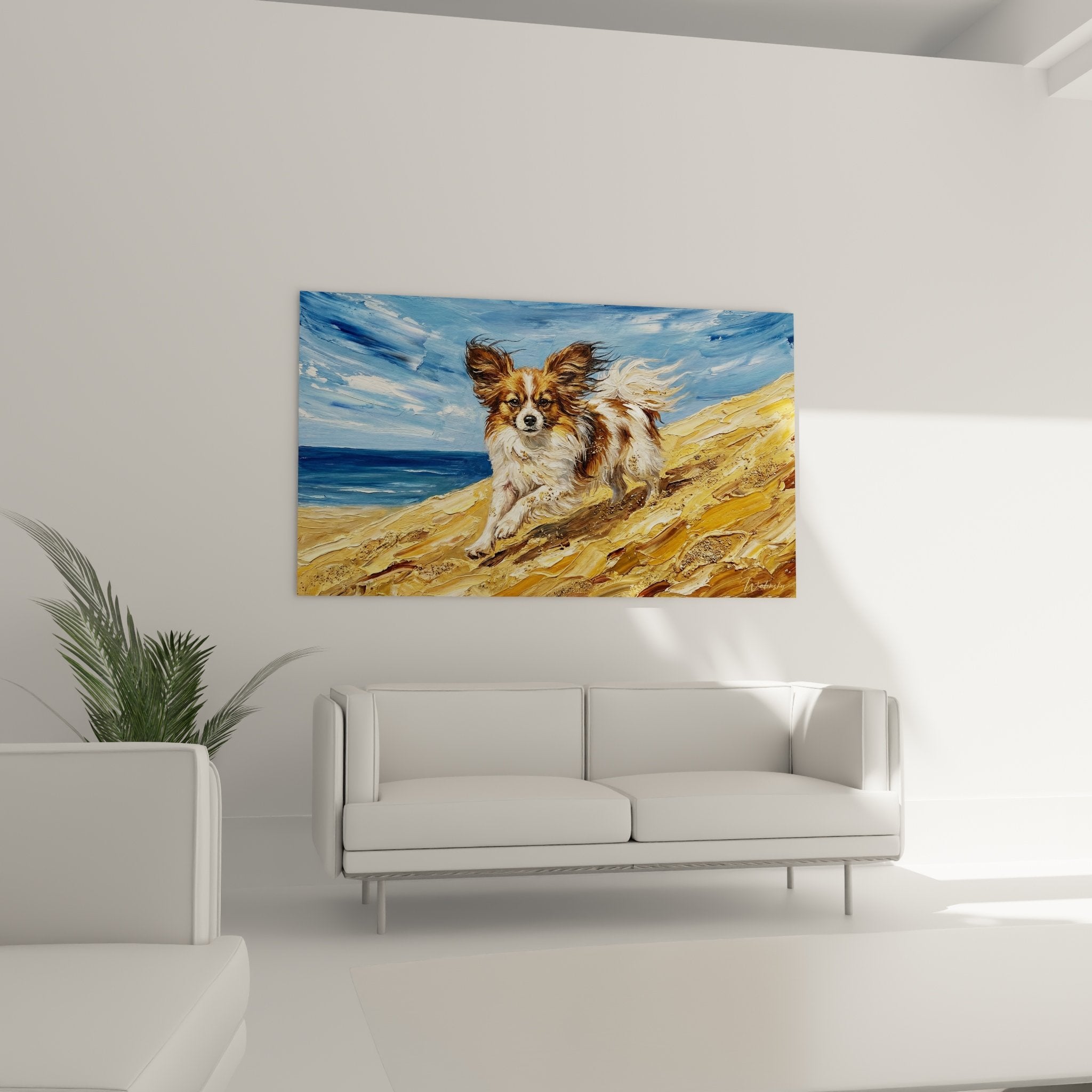 Détail tableau chien papillon montrant pelage roux et blanc avec technique pinceau expressif sur sable