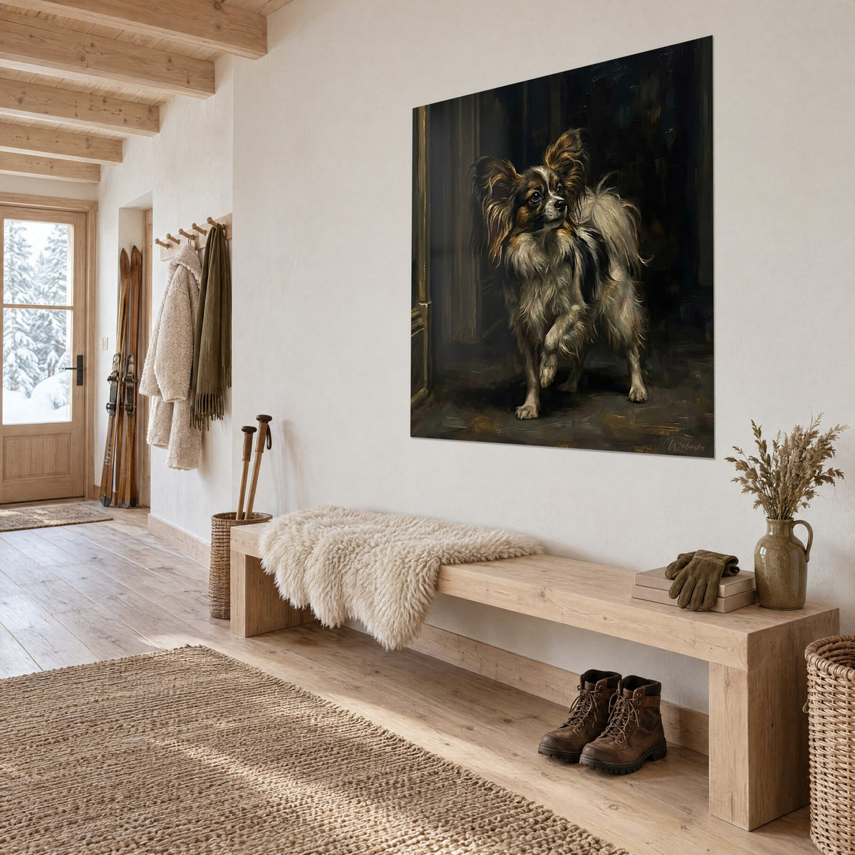 Gemälde Papillon-Hund im Schritt mit erhobener Pfote, weißes und fuchsfarbenes Fell auf dunklem Grund, Dreiviertelansicht in einem Chalet-Flur