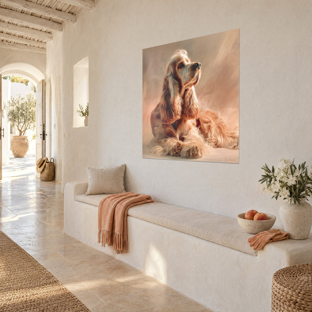 Quadro spaniel dorato sdraiato, muso nero rivolto a destra, sfondo rosa pallido, sopra una panca bianca in una casa mediterranea