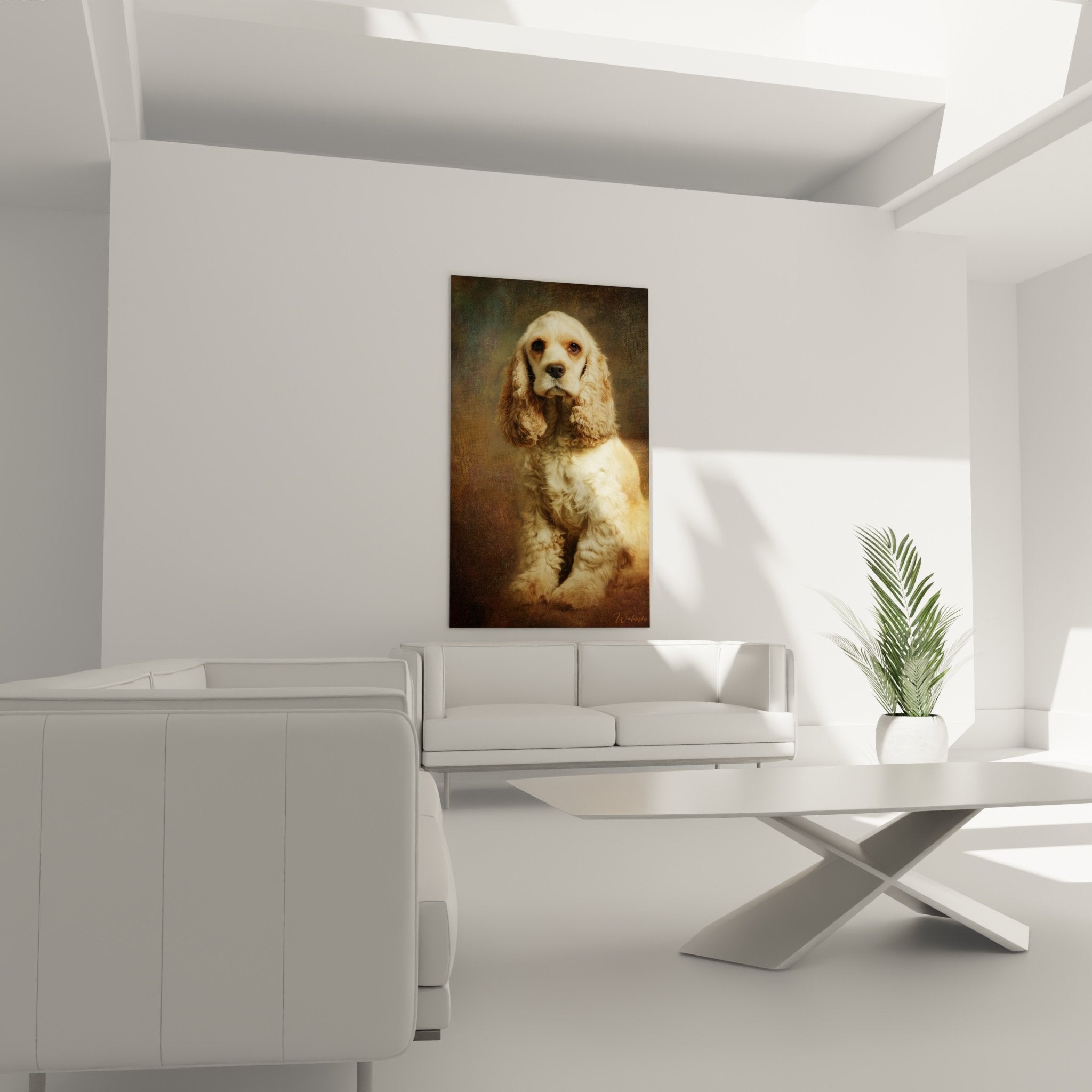 Detail du pelage dore et des oreilles soyeuses du Cocker Americain, texture fine et lumiere douce