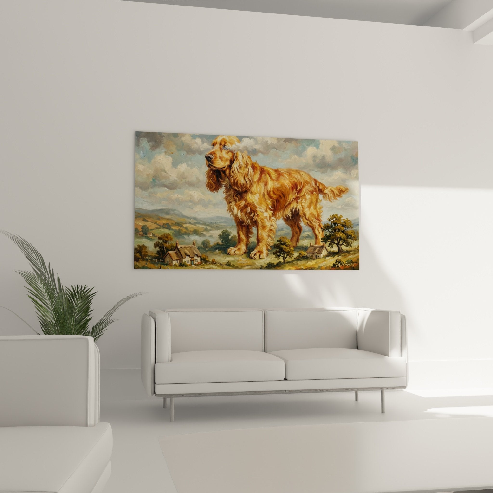 Détail pelage doré Cocker Anglais tableau peinture réaliste reflets cuivrés