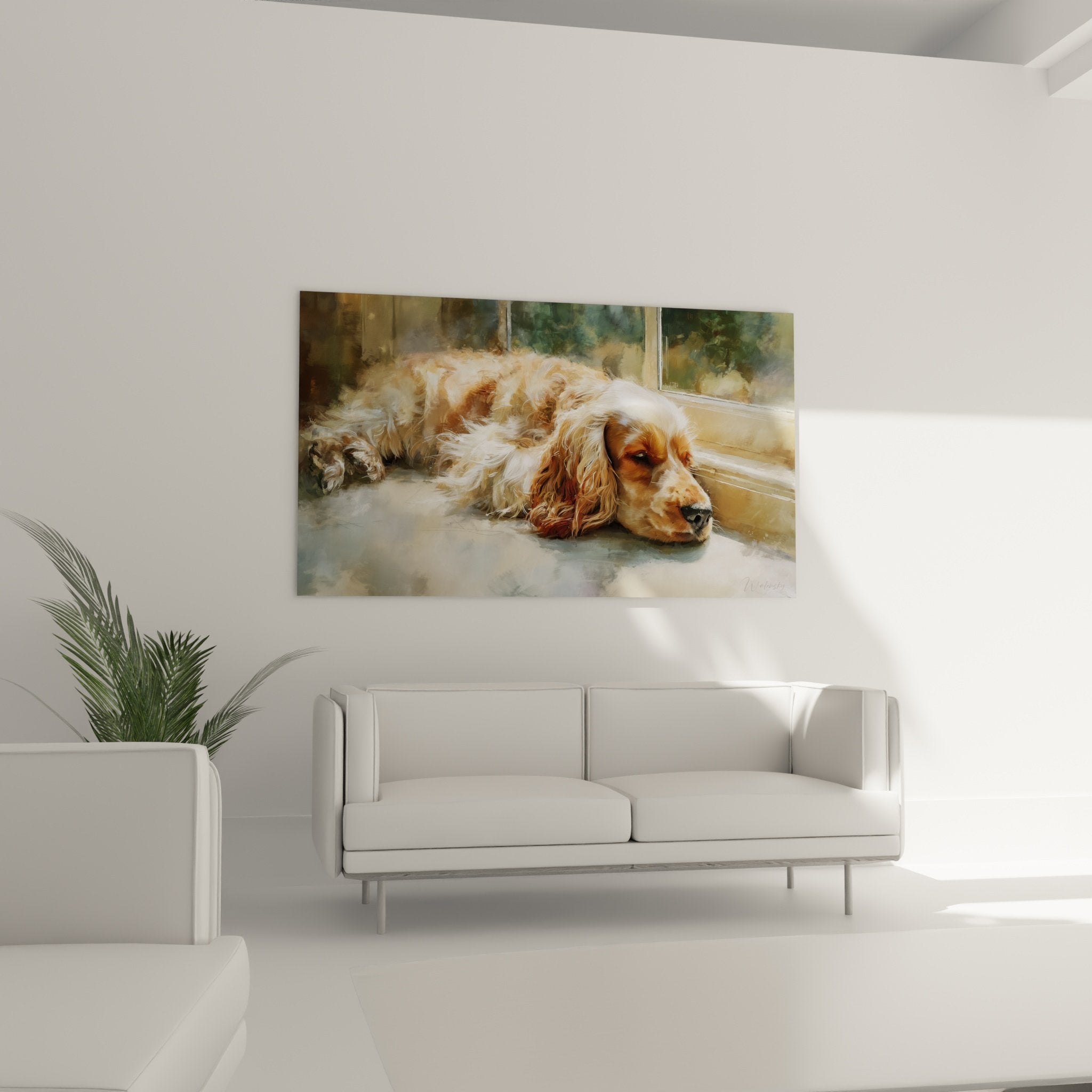 Detail pelage cocker americain peinture realiste texture soyeuse reflets cuivres blancs