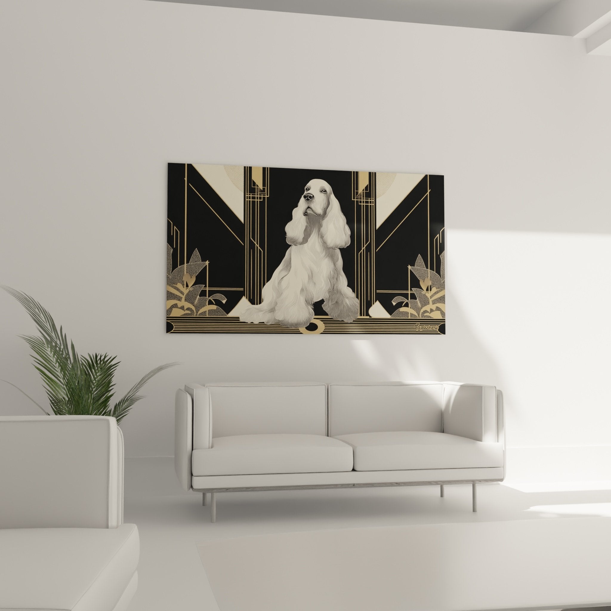 Détail du pelage blanc soyeux et du regard contemplatif du cocker spaniel dans style artistique art déco