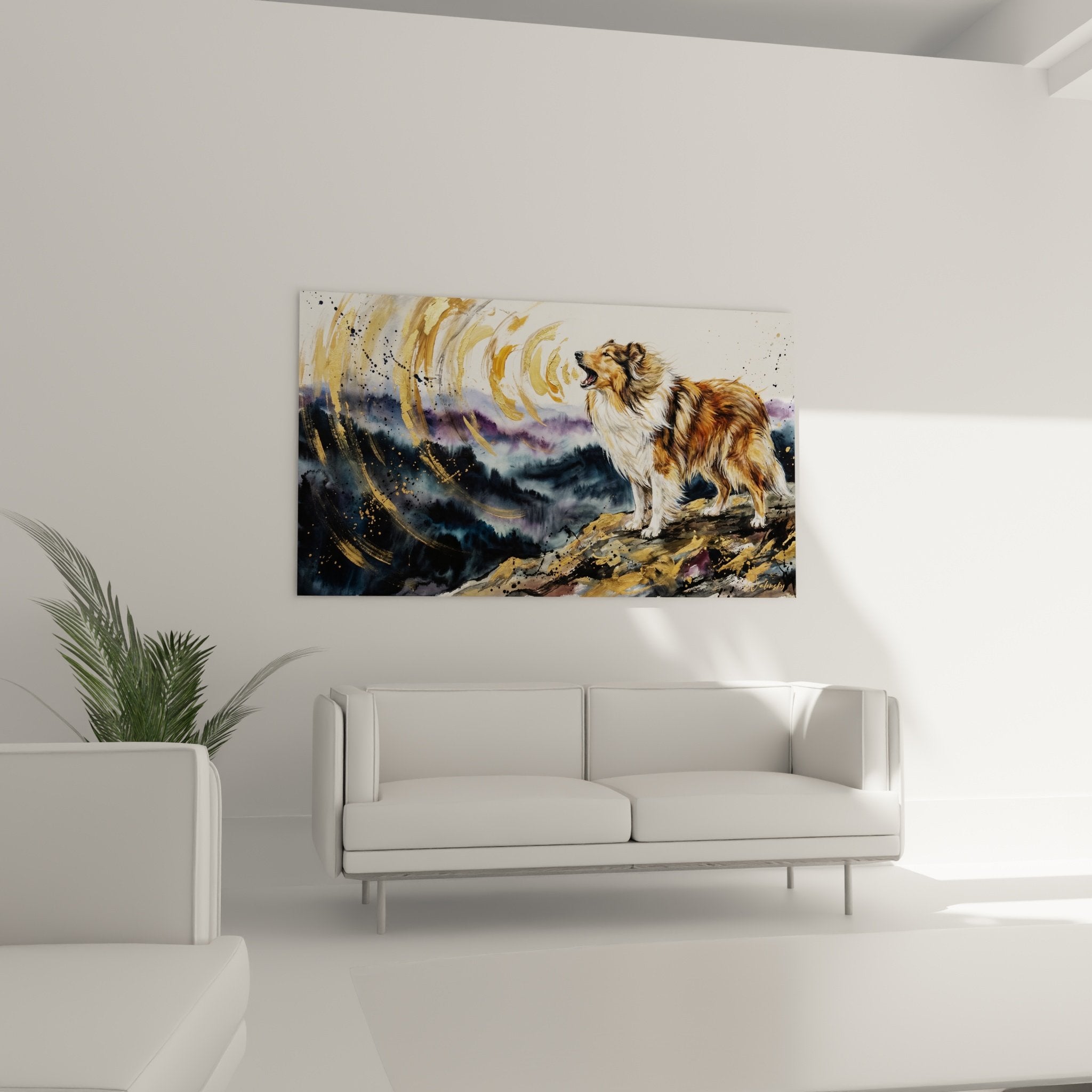 Nahaufnahme des dreifarbigen Fells des Collie und wirbelnde Goldmalerei-Effekte im Kunstwerk