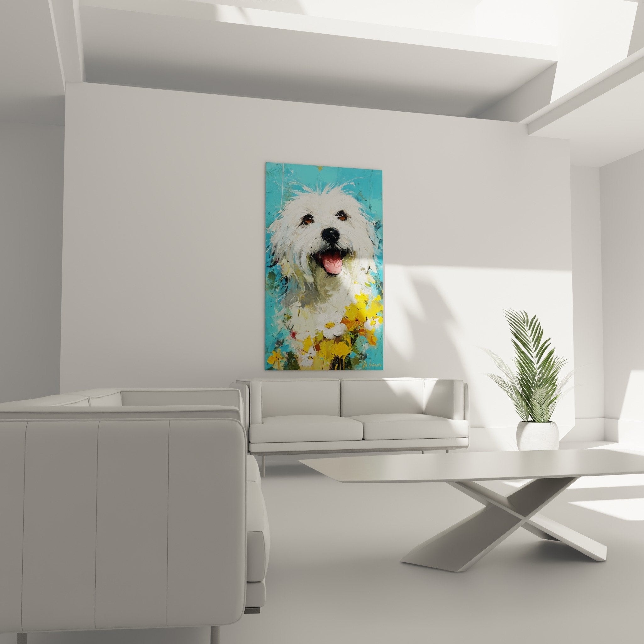 Détail du pelage blanc texturé et des yeux bruns expressifs du Coton de Tuléar peint