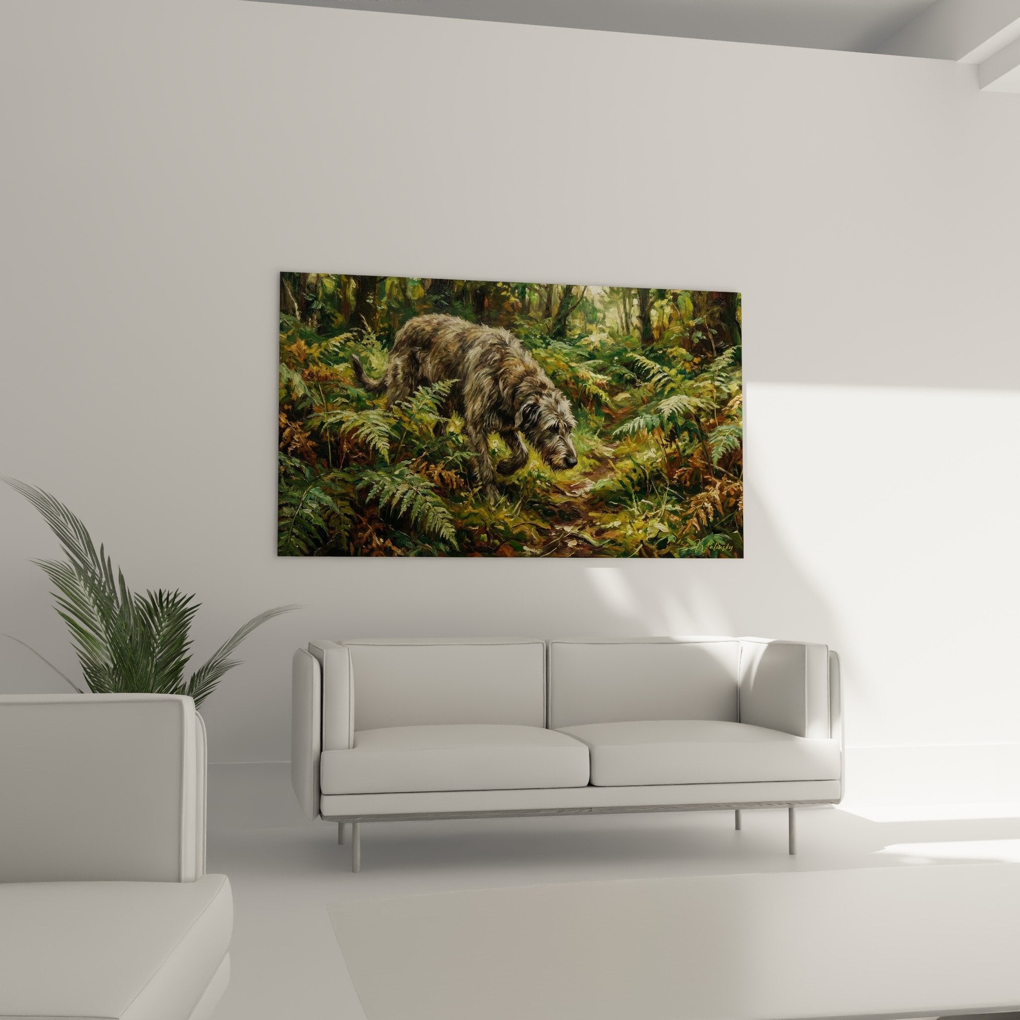 Détail du pelage cuivré de l'Irish Wolfhound et des fougères vertes dans cette peinture naturaliste