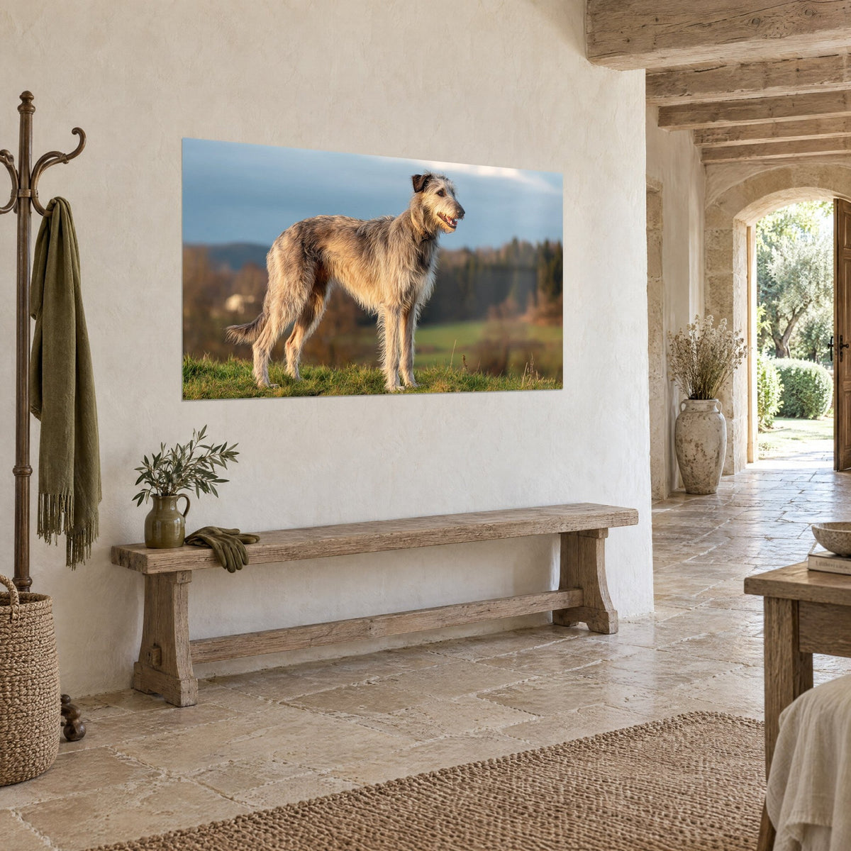 Quadro segugio scozzese dal pelo grigio argentato, bocca aperta, colline marroni e verdi, su un muro di pietra