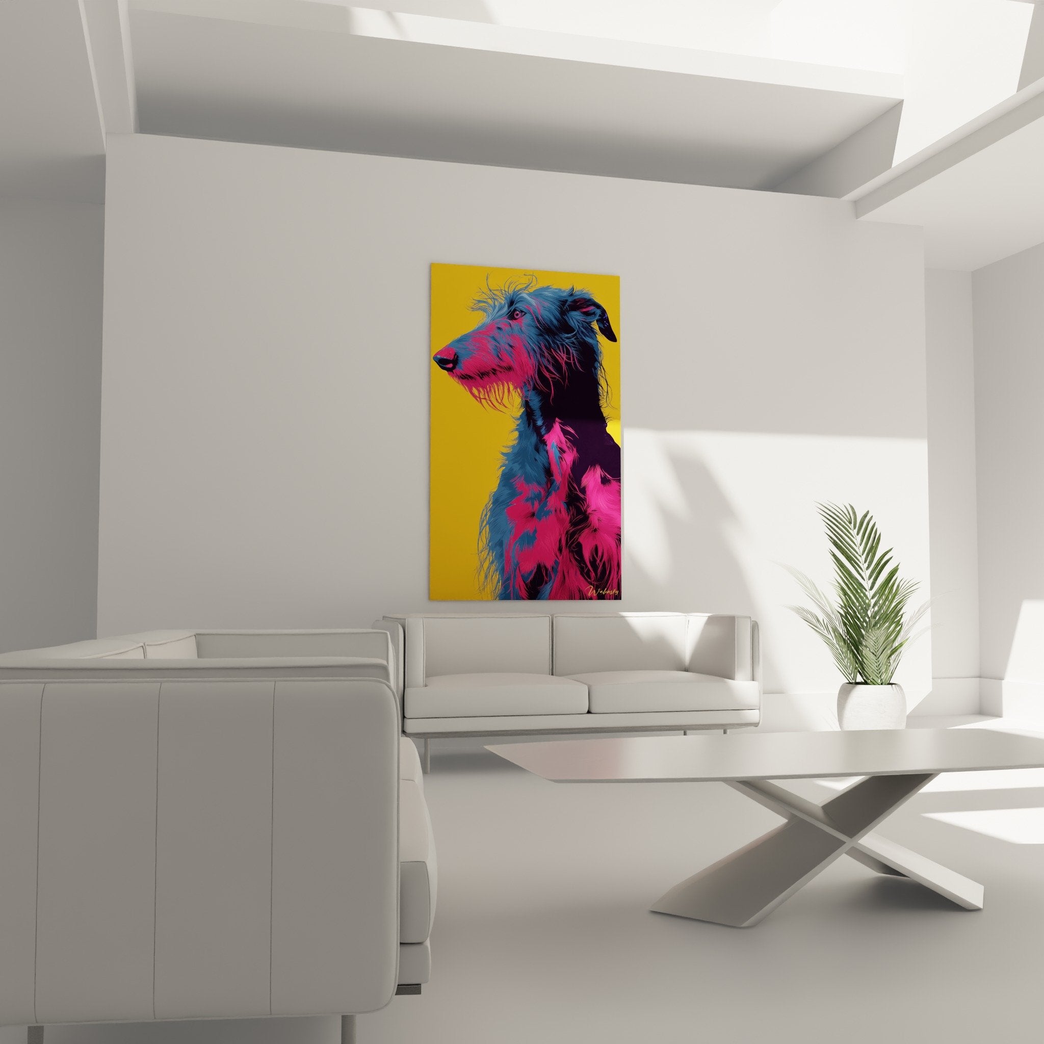Detailansicht Fell Deerhound künstlerisches Porträt lebendige Farben Blau Rosa realistische Textur