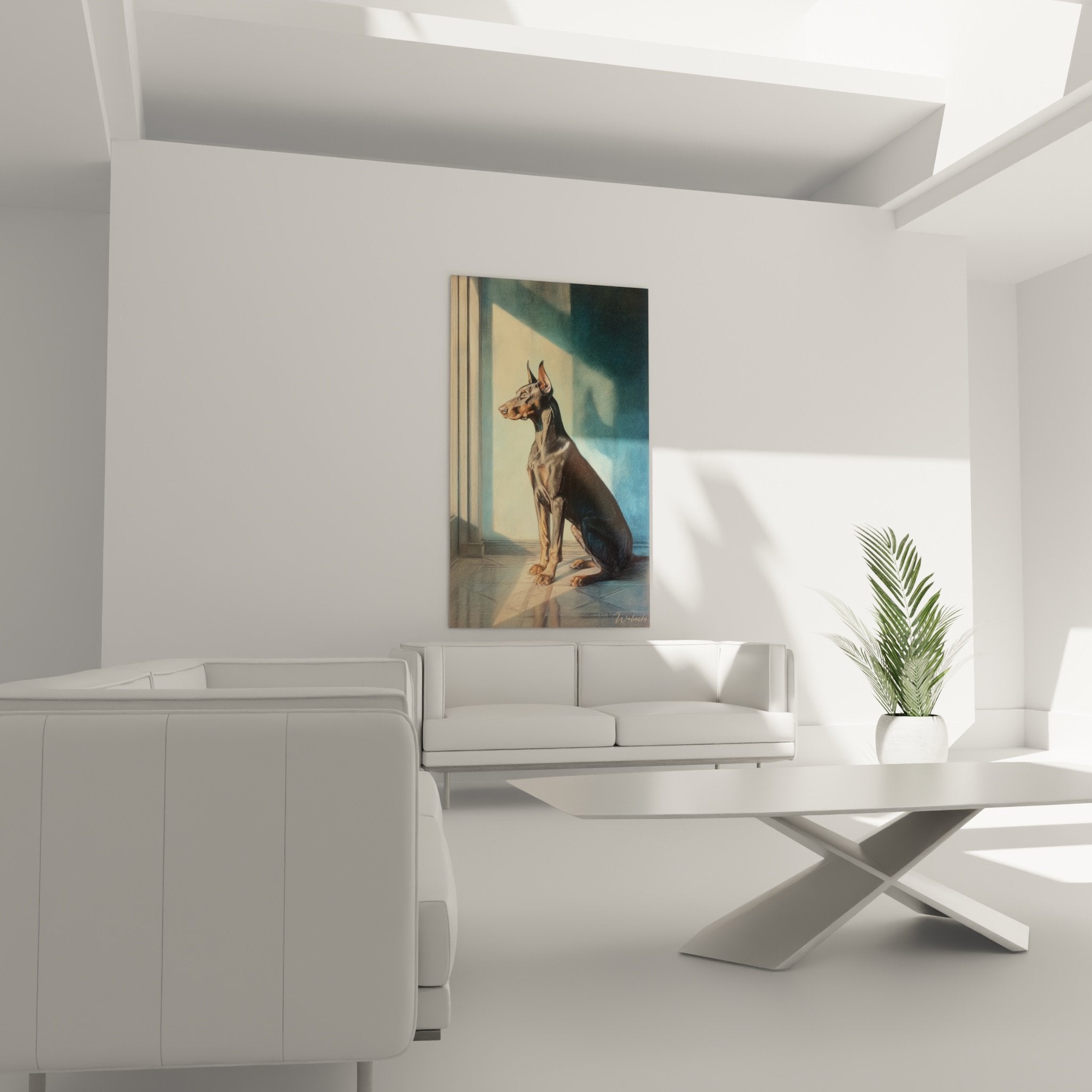 Dettaglio del mantello nero e fuoco del Doberman con riflessi dorati e texture realistiche del pelo setoso