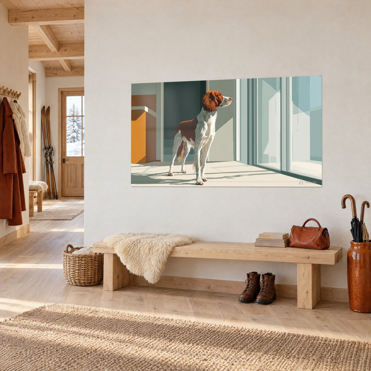 Schilderij Staande hond met oranjewit vacht, okerkleurige muur links, opgehangen boven een houten bank in chaletstijl
