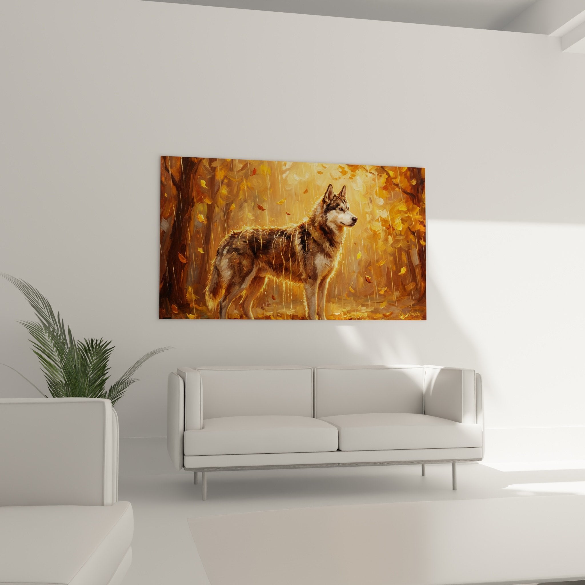 Détail reflets dorés sur pelage husky sous gouttes pluie avec texture lumineuse saisissante