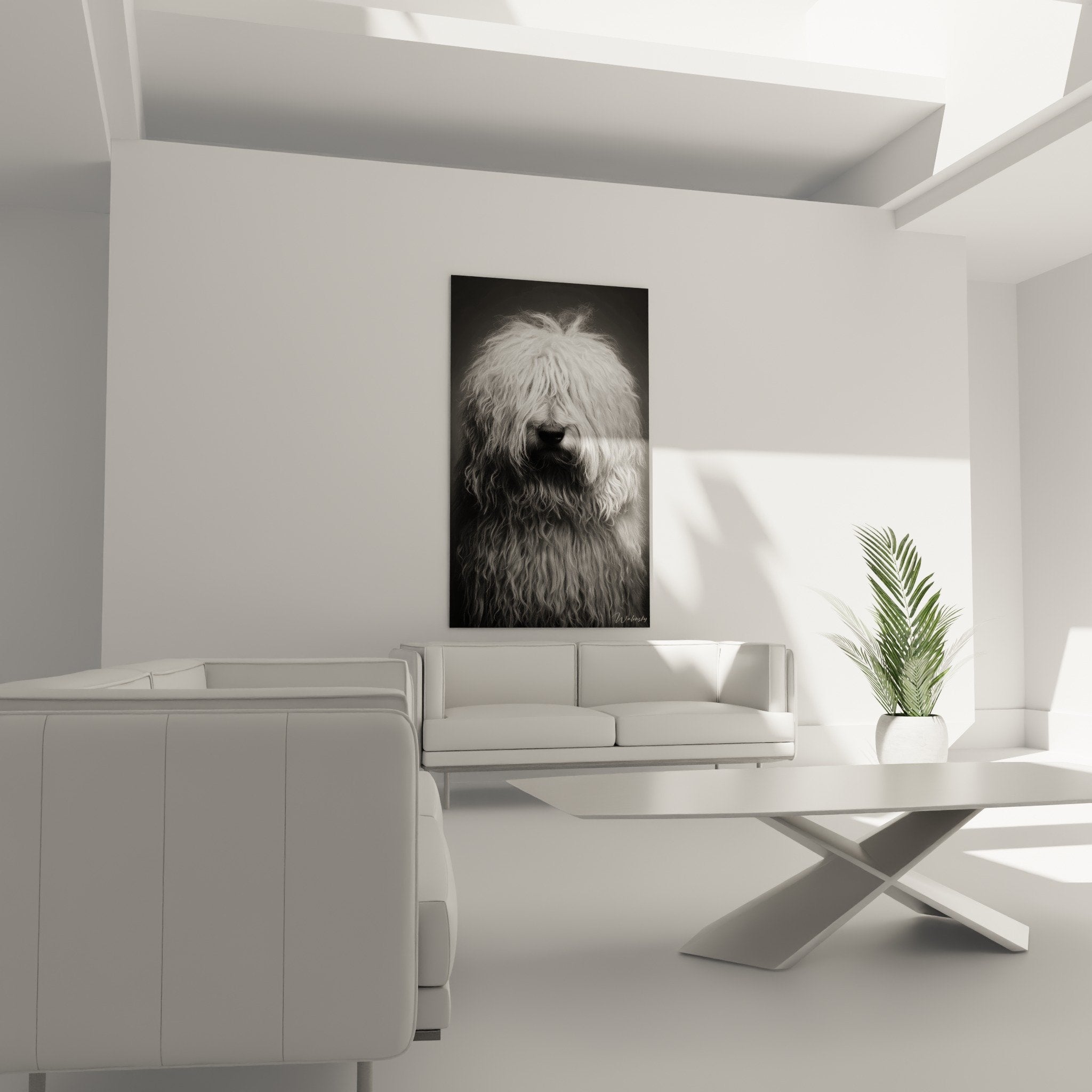 Detail texture pelage Komondor en noir et blanc, cordelettes naturelles portrait canin artistique rapproche