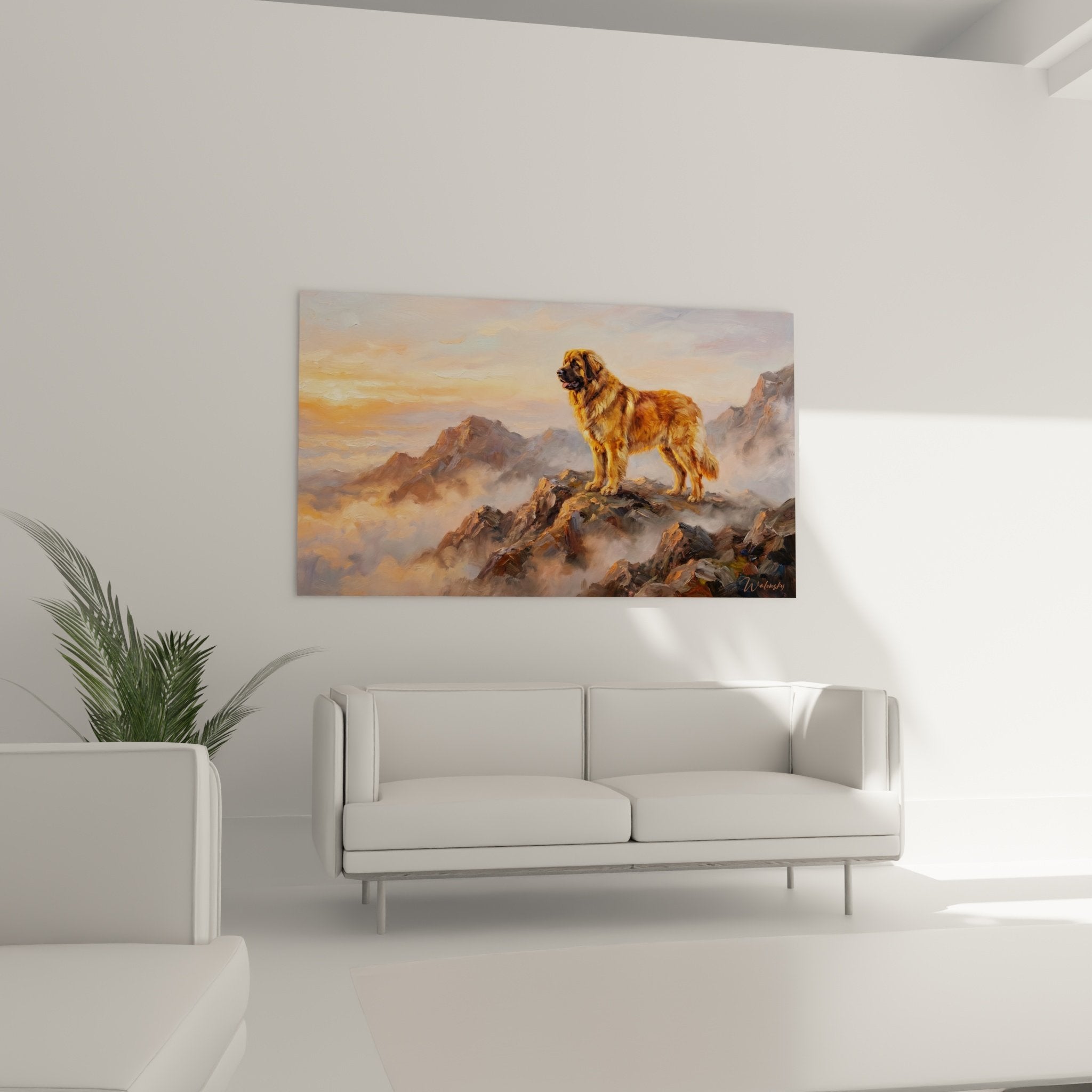 Détail du pelage fauve et doré d'un Leonberg noble sur toile artistique aux tons cuivrés chaleureux