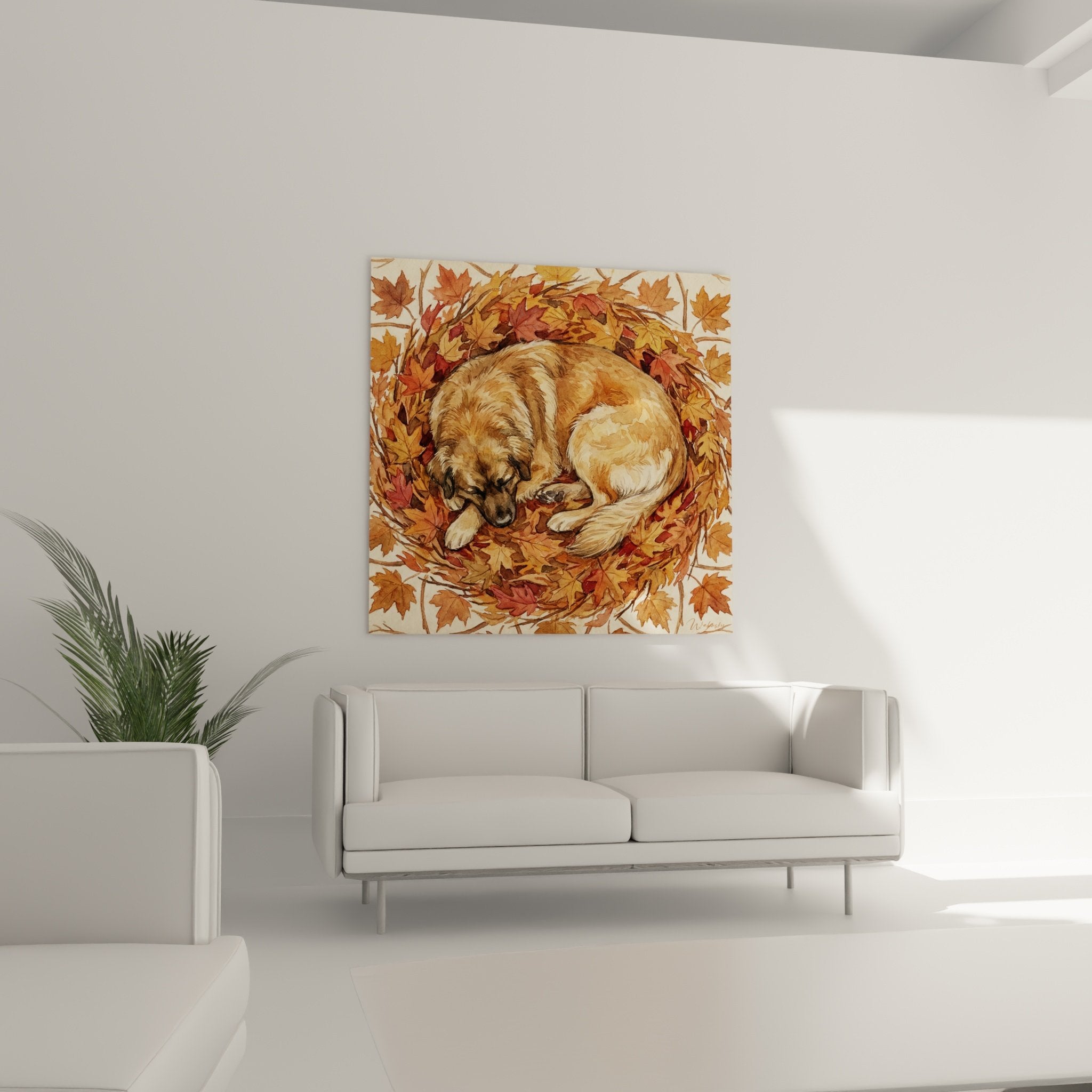 detail pelage chien leonberg fauve texture feuilles automne illustration naturaliste