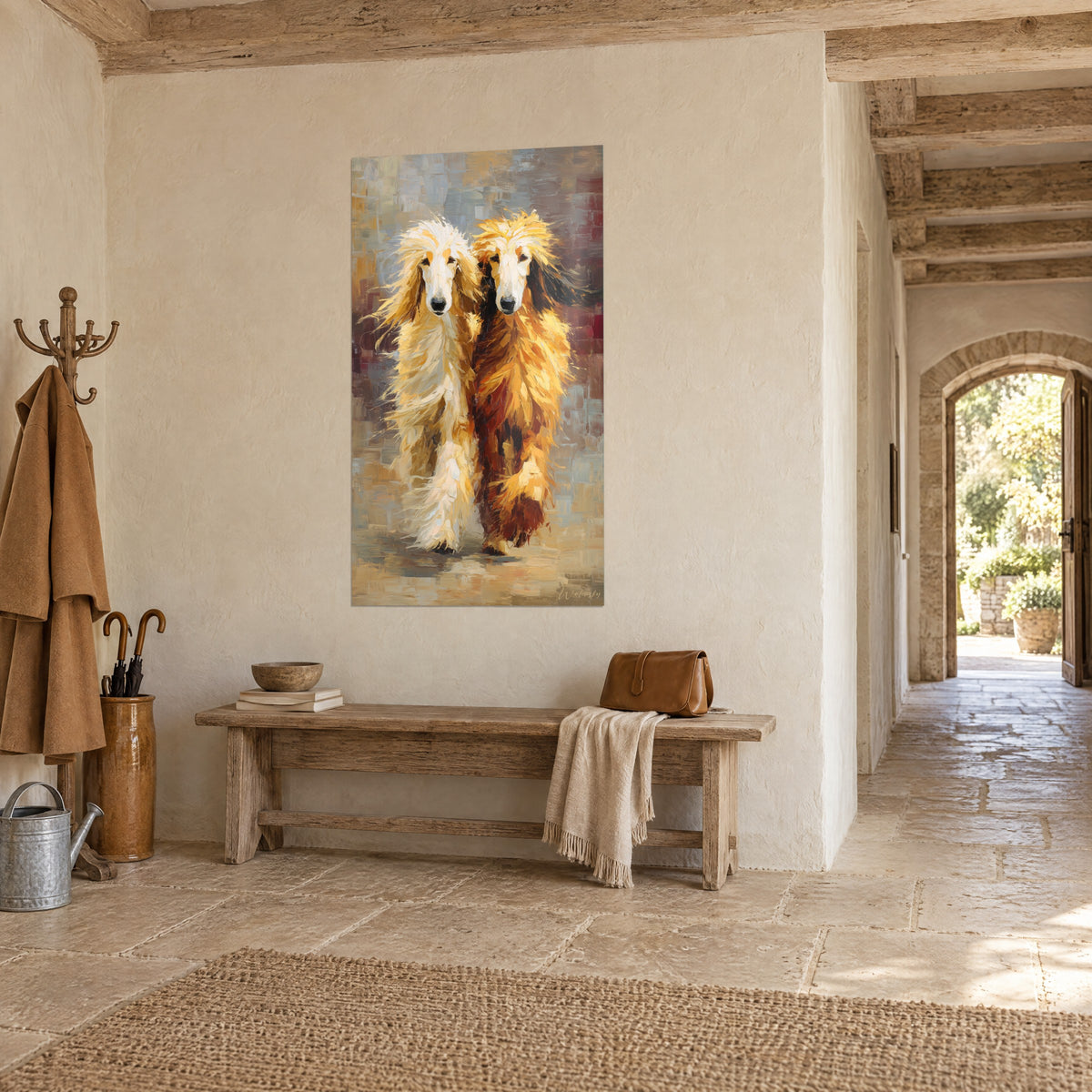 Quadro Coppia di cani dal pelo lungo dorato e bordeaux, musi bianchi, appeso accanto a un antico panchina in pietra