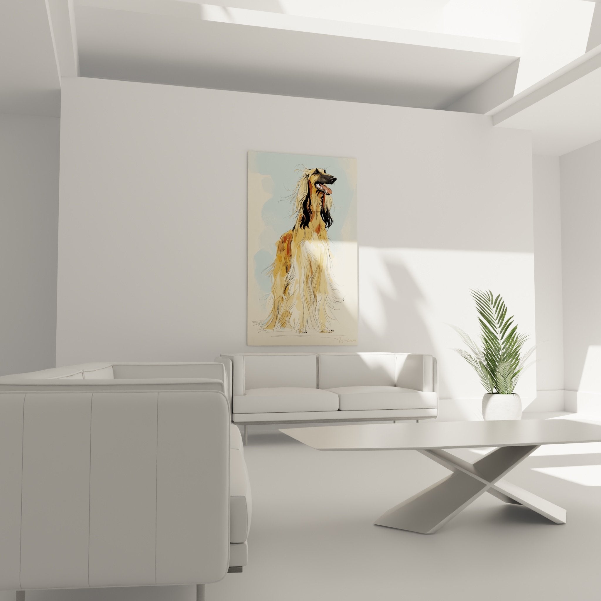 Gros plan sur le pelage soyeux doré et l'expression sereine du Lévrier Afghan du tableau artistique