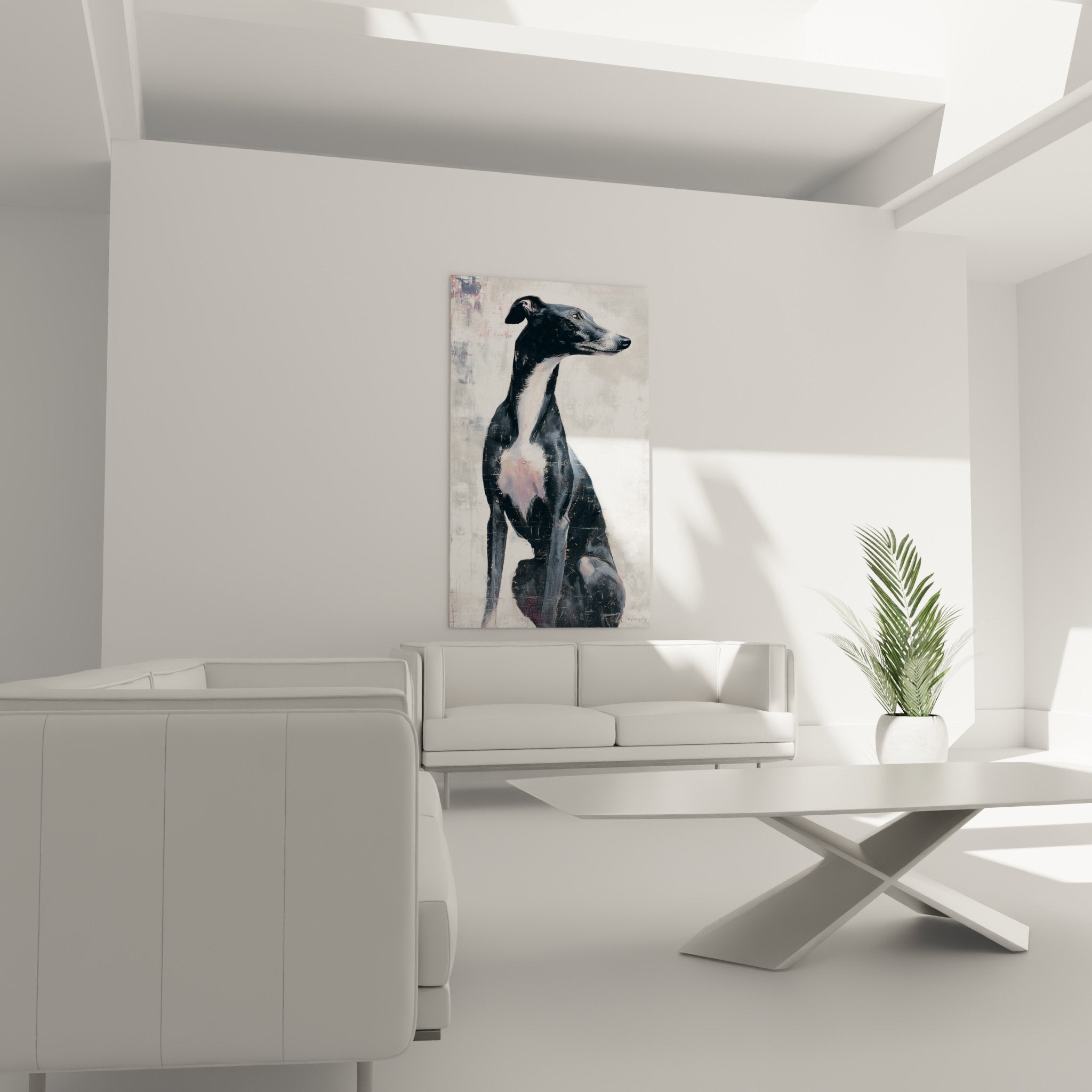 Détail du pelage noir et marques blanches du lévrier whippet sur fond texturé artistique