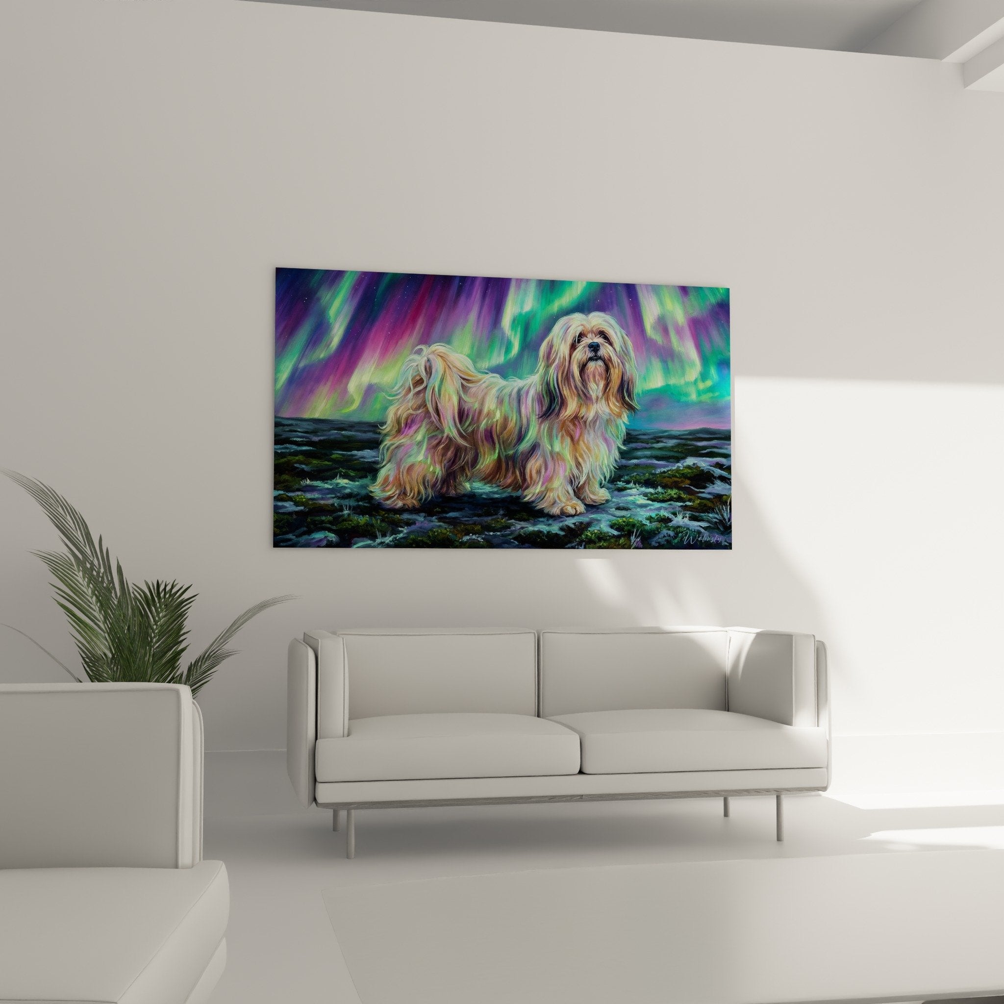 Détail pelage Lhassa Apso aux reflets violets verts, technique artistique prismatique aurore boréale