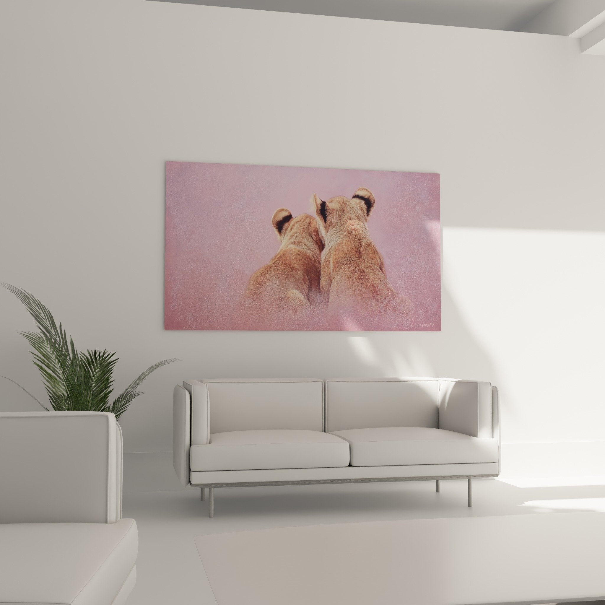 Detail pelage lions couleur fauve sur fond rose pastel peinture realiste qualite