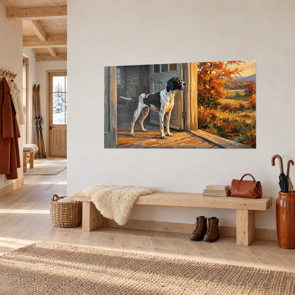 Gemälde eines English Pointers im Stand auf einem ockerfarbenen Parkettboden, leuchtendes orangefarbenes Laub, an einer weißen Wand im Eingangsbereich eines Chalets