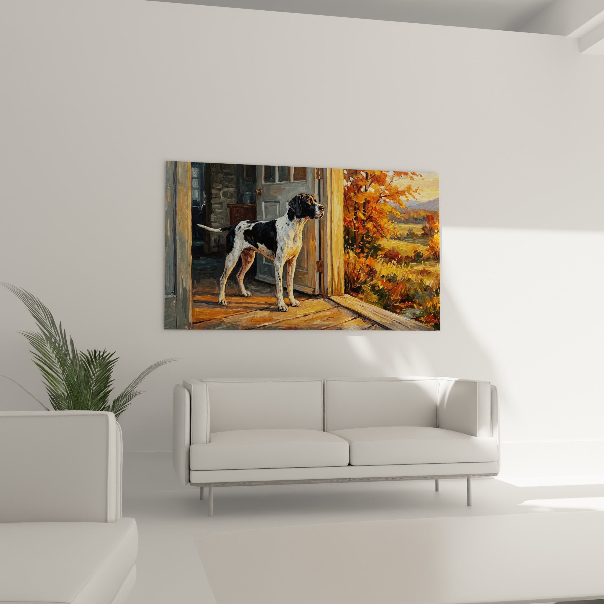 Detail pelage pointer anglais blanc taches noires lumiere doree automnale