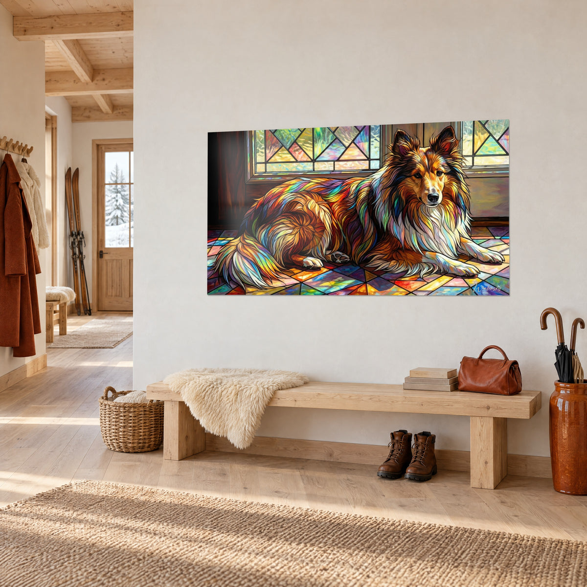 Gemälde Langhaarhund in Fuchsrot und Cremeweiß ausgestreckt vor einem Bleiglasfenster, türkisfarbene und orangefarbene Lichtreflexe, weiße Wand eines Chalets