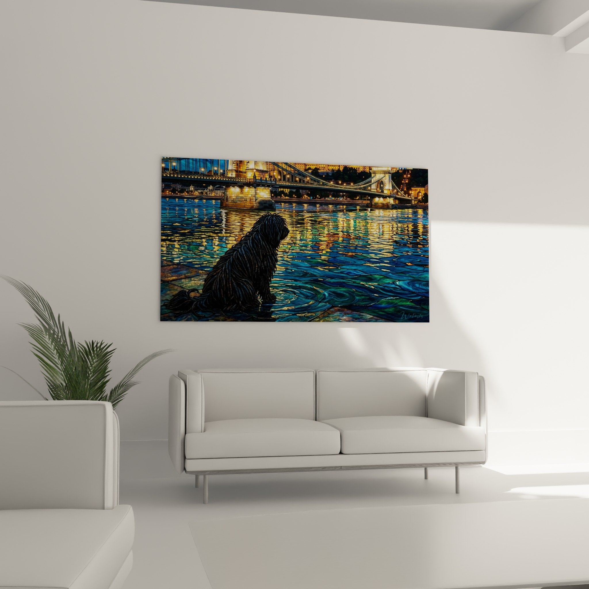 Detail of the Puli's dark coat and shimmering golden reflections on water in this soothing nocturnal artwork