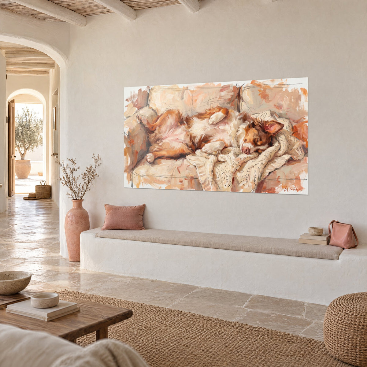 Wall art Miniature American Shepherd napping, orange and ivory coat, tucked paws, peach pink brushstrokes, three-quarter view