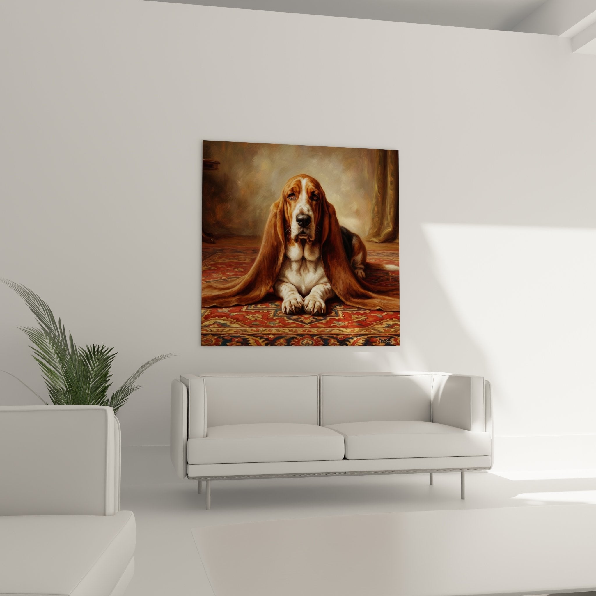 Gros plan sur les détails du pelage roux cuivré et du regard expressif touchant du Basset Hound peint